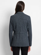 Charcoal knit blazer, back view. Features a subtle back yoke and a stitched waist band.