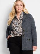 Dark grey heathered knit blazer with three gold-rimmed buttons and two front flap pockets.