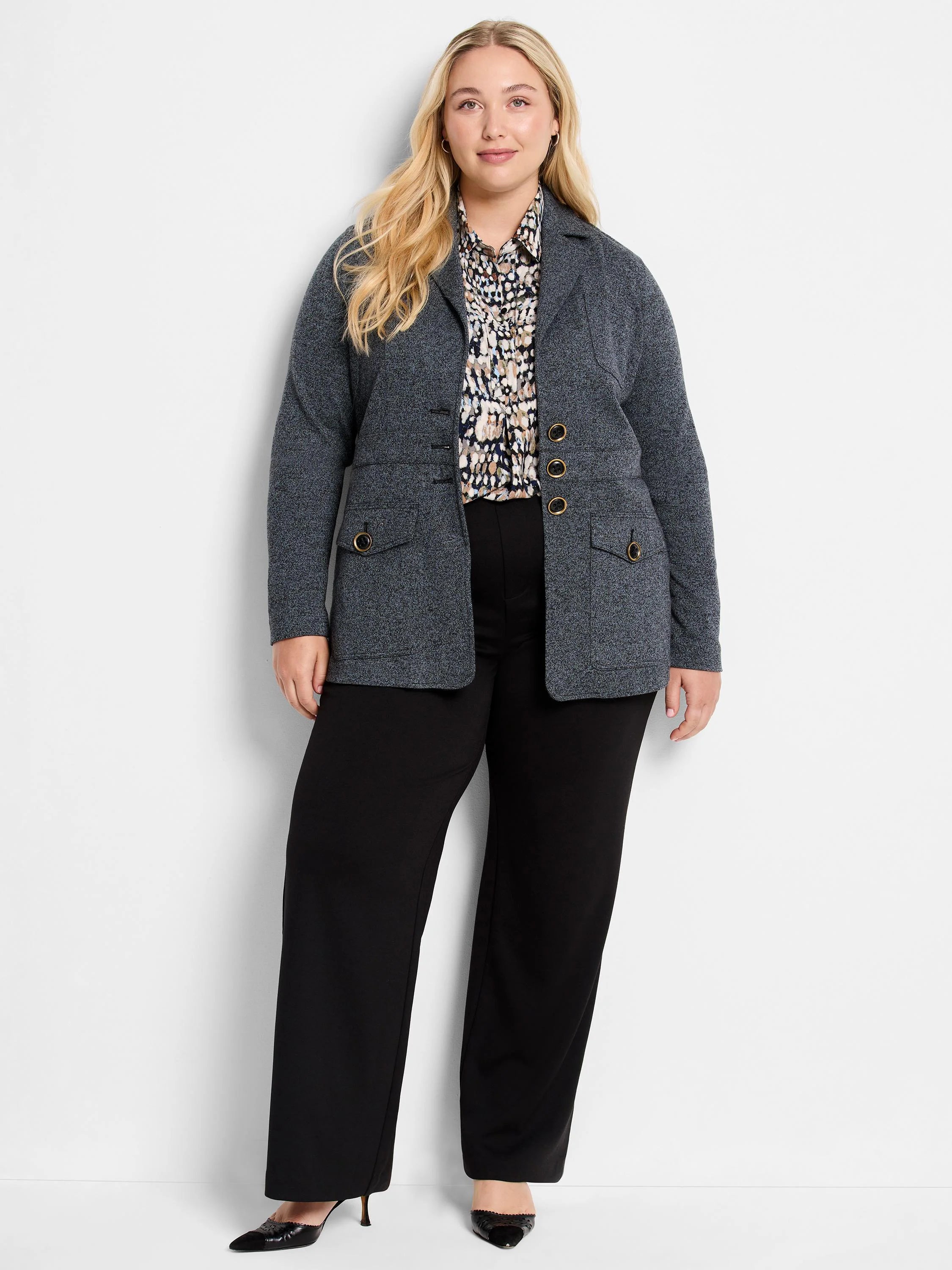 Heathered dark grey knit blazer with four flap pockets and prominent gold-toned buttons.