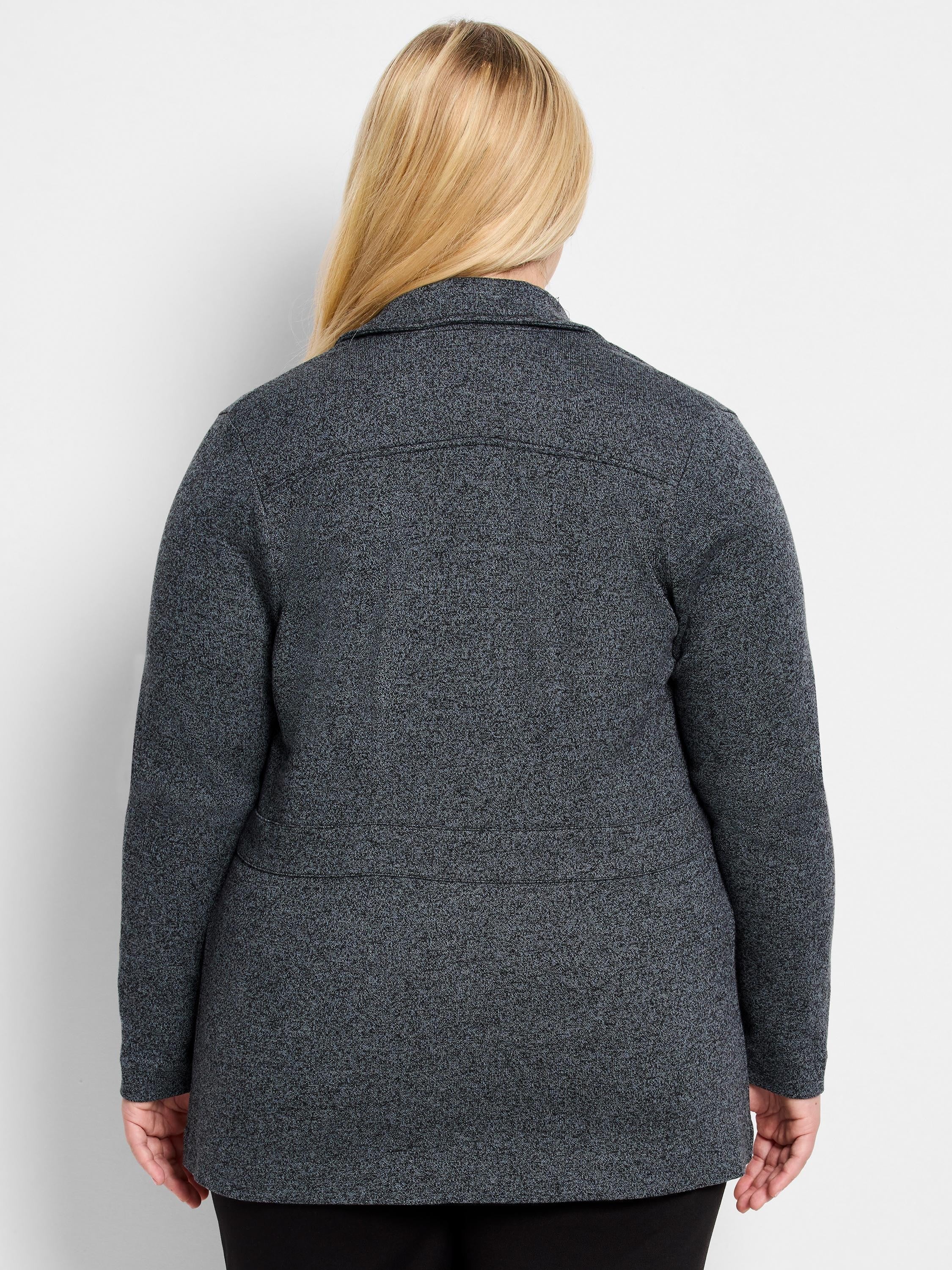 Dark grey knit blazer, back view, showing subtle texture, a collar, and horizontal back seams.