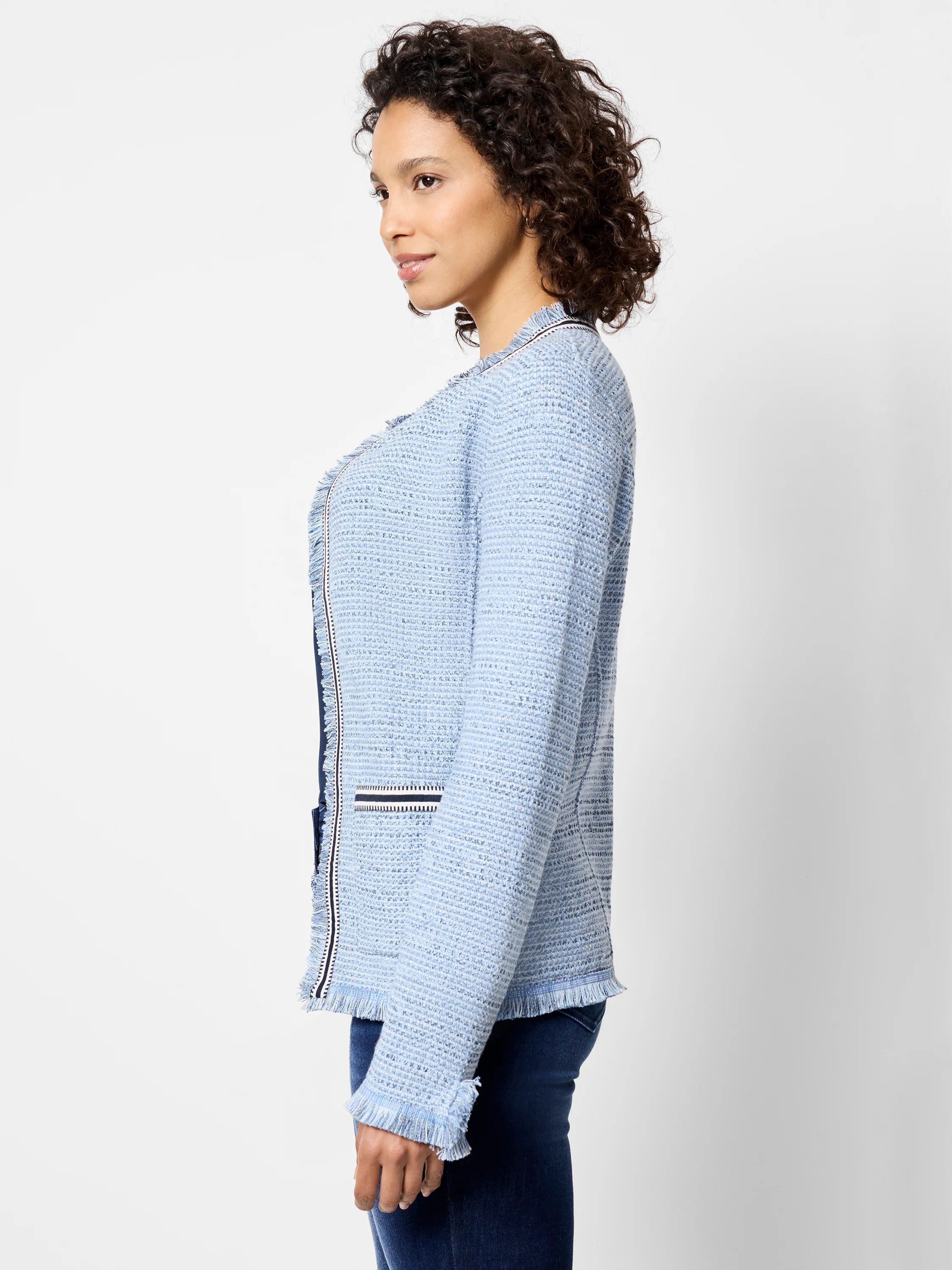 Indigo Fringe Mix Knit Jacket in Blt