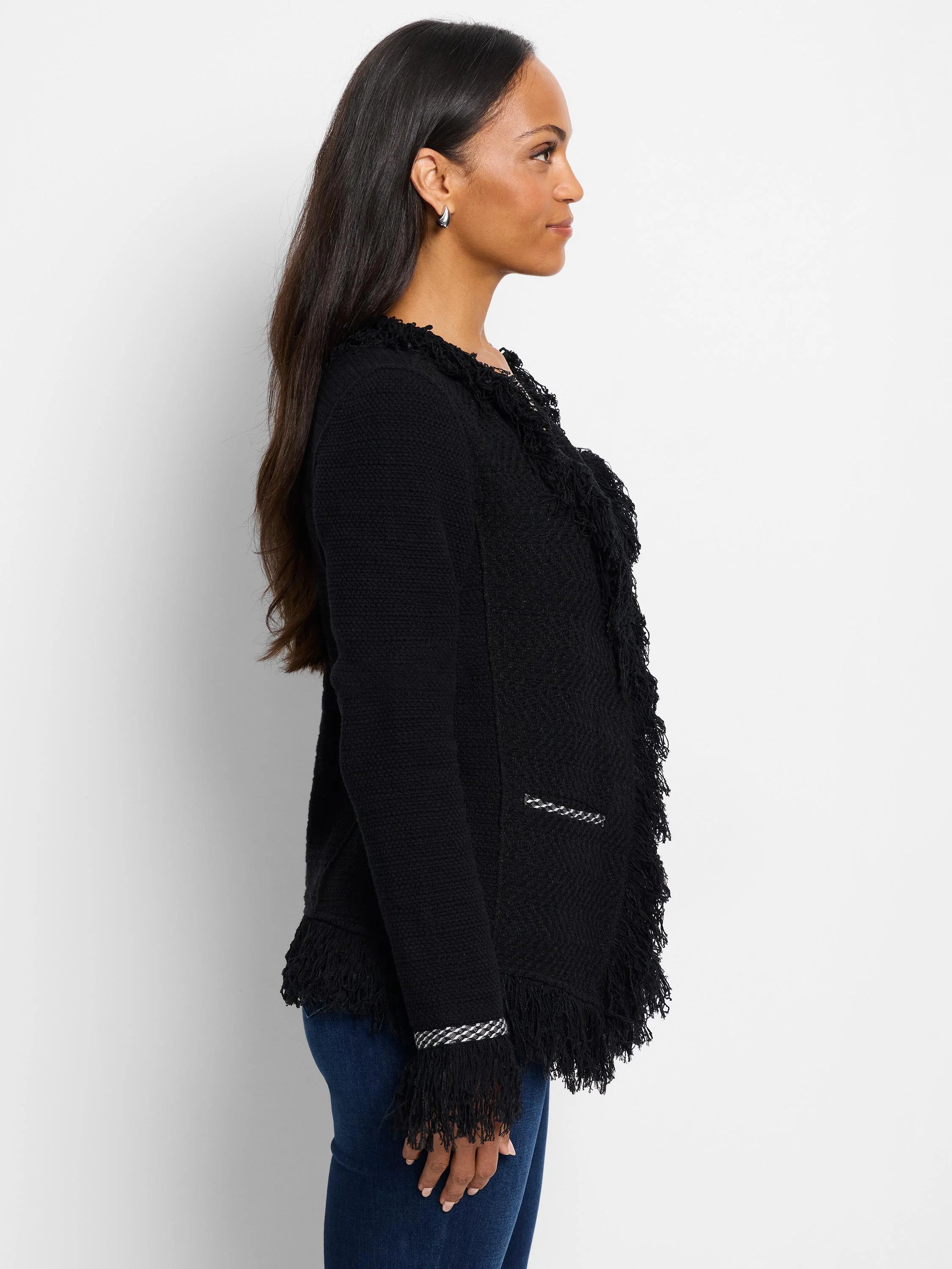 Statement Fringe Mix Knit Jacket in Blx