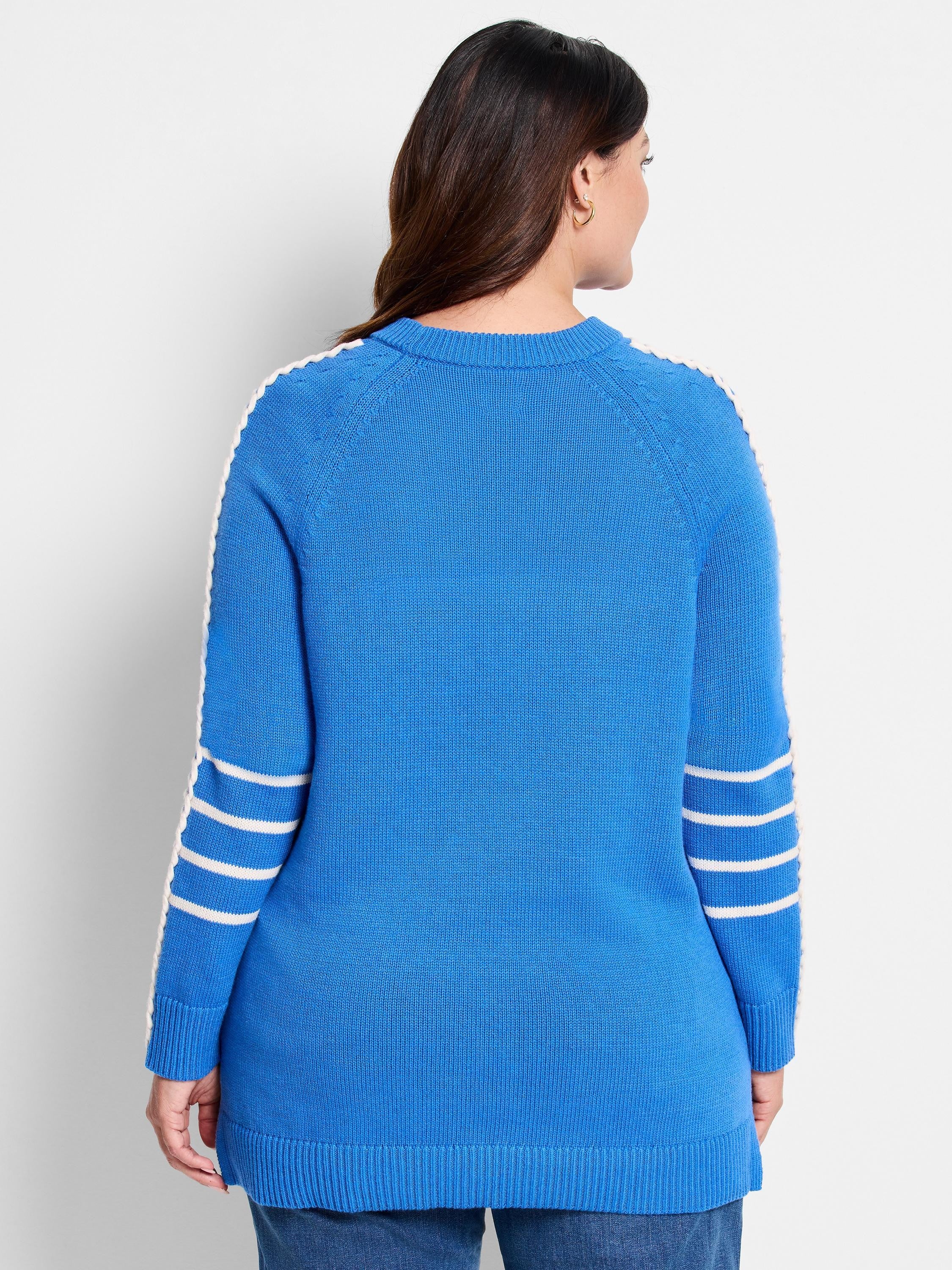 Bright blue sweater with three white horizontal stripes on sleeves & decorative white trim at shoulders.