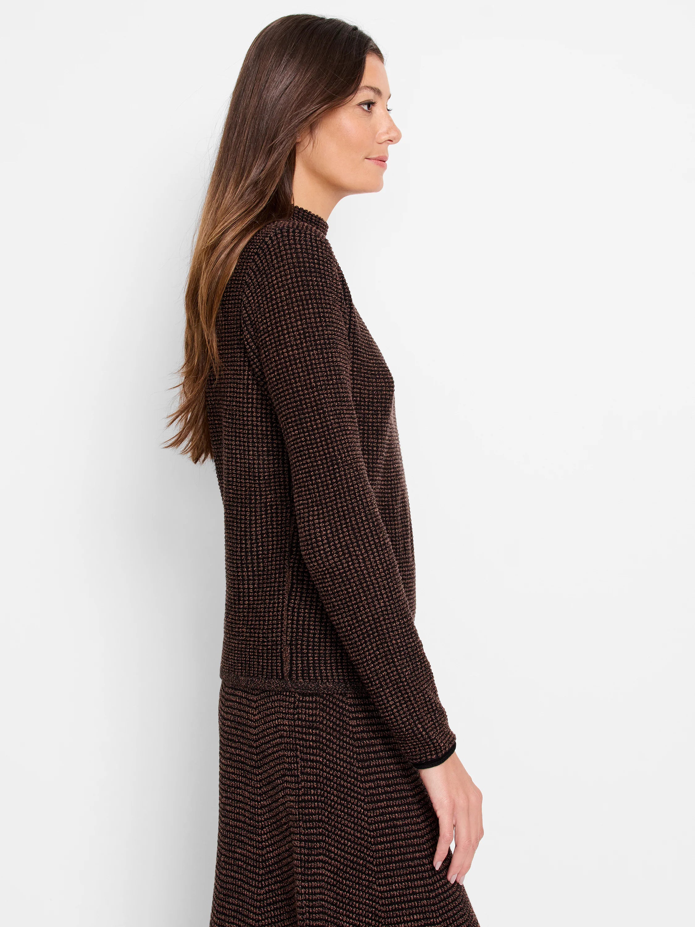 Dark brown and bronze pixel knit sweater; mock neck, long sleeves, textured knit.