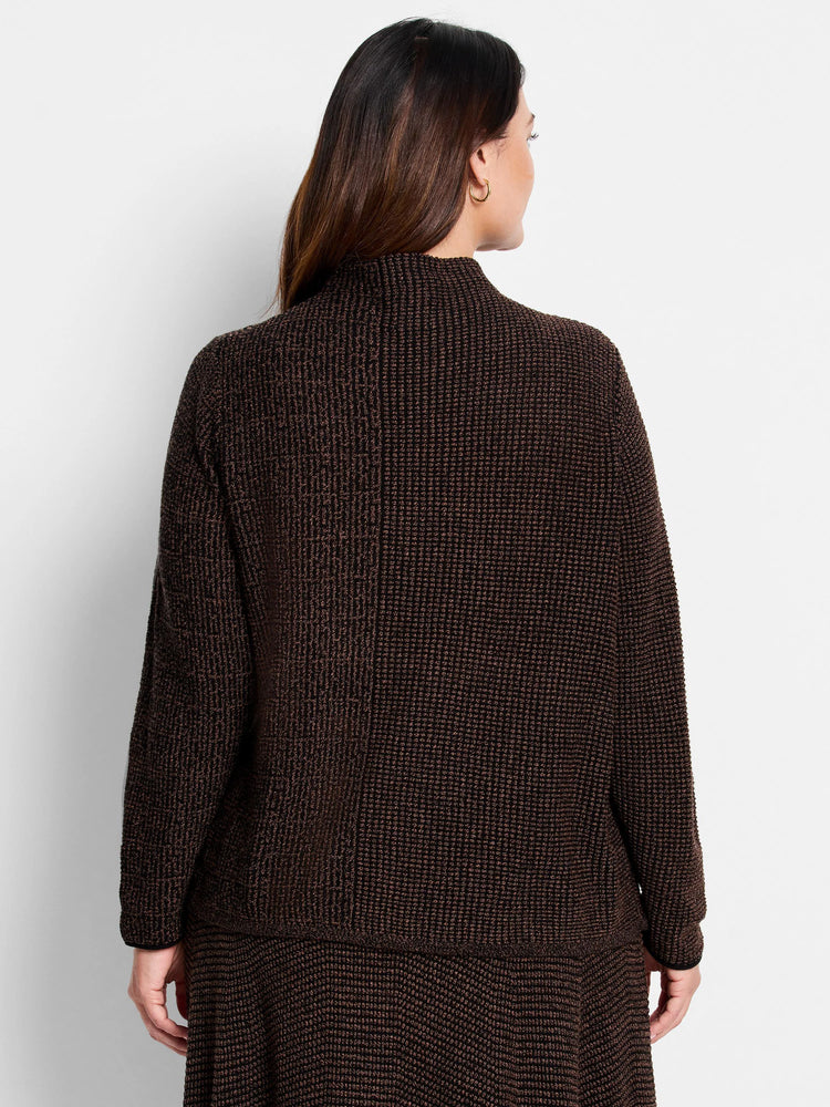 Dark brown pixel knit sweater with a high collar and long sleeves, shown from the back on a model.