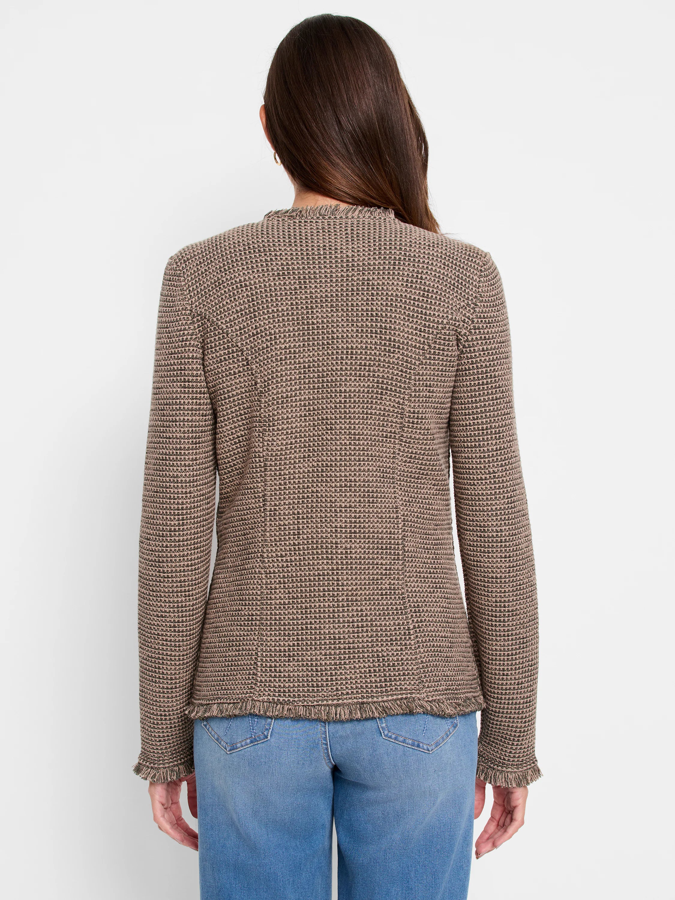 Beige and dark brown mixed knit jacket, collarless, with fringe trim on hem and cuffs, viewed from back.