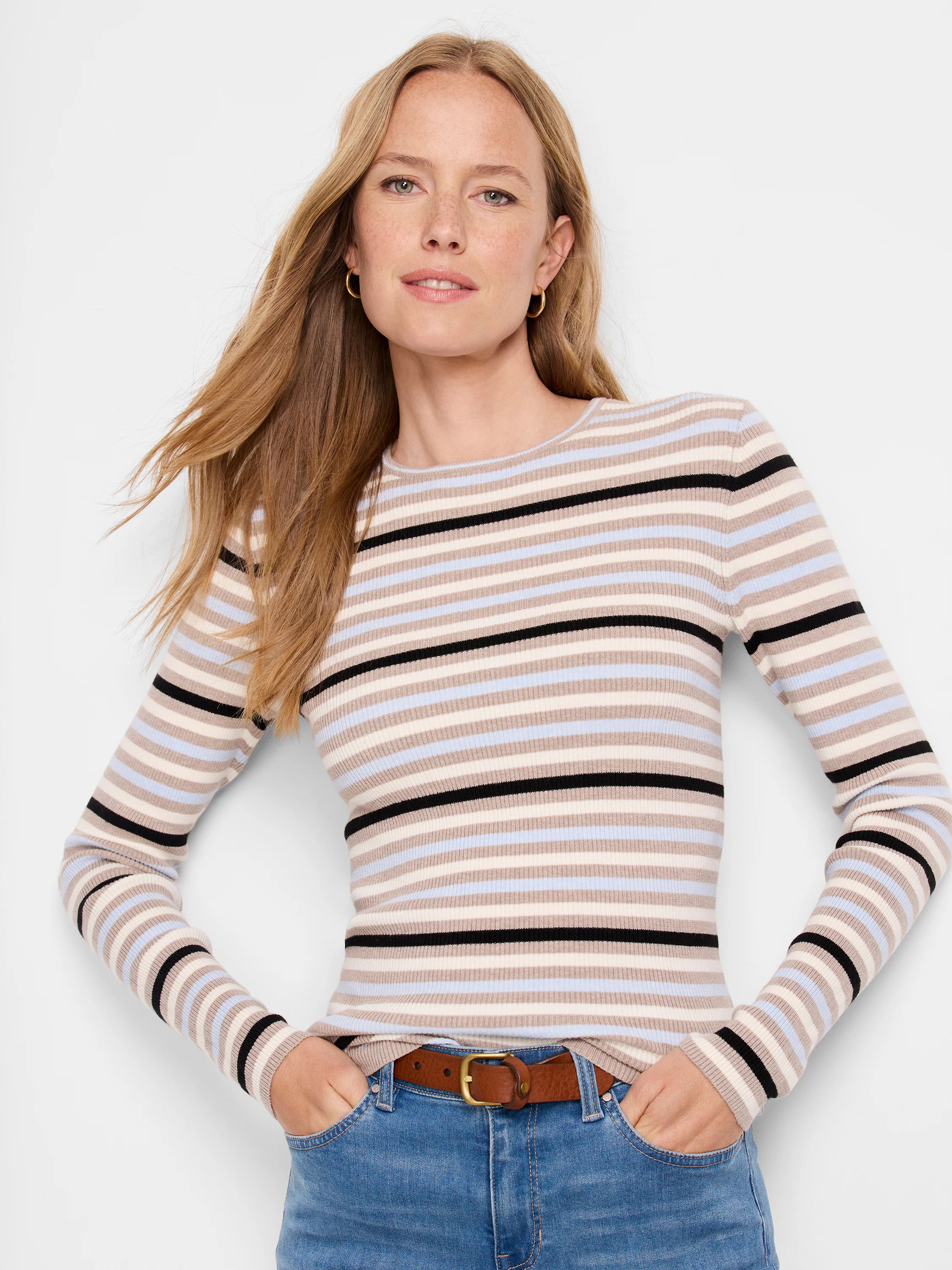 Striped ribbed sweater tee with beige, light blue, and black horizontal stripes. Long sleeves, crew neck.