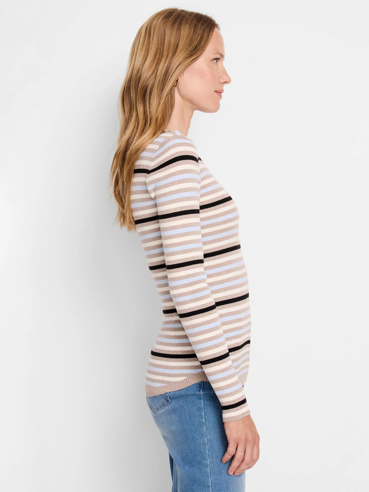 Striped ribbed long-sleeve tee. Beige, light blue, and black horizontal stripes. Ribbed texture.