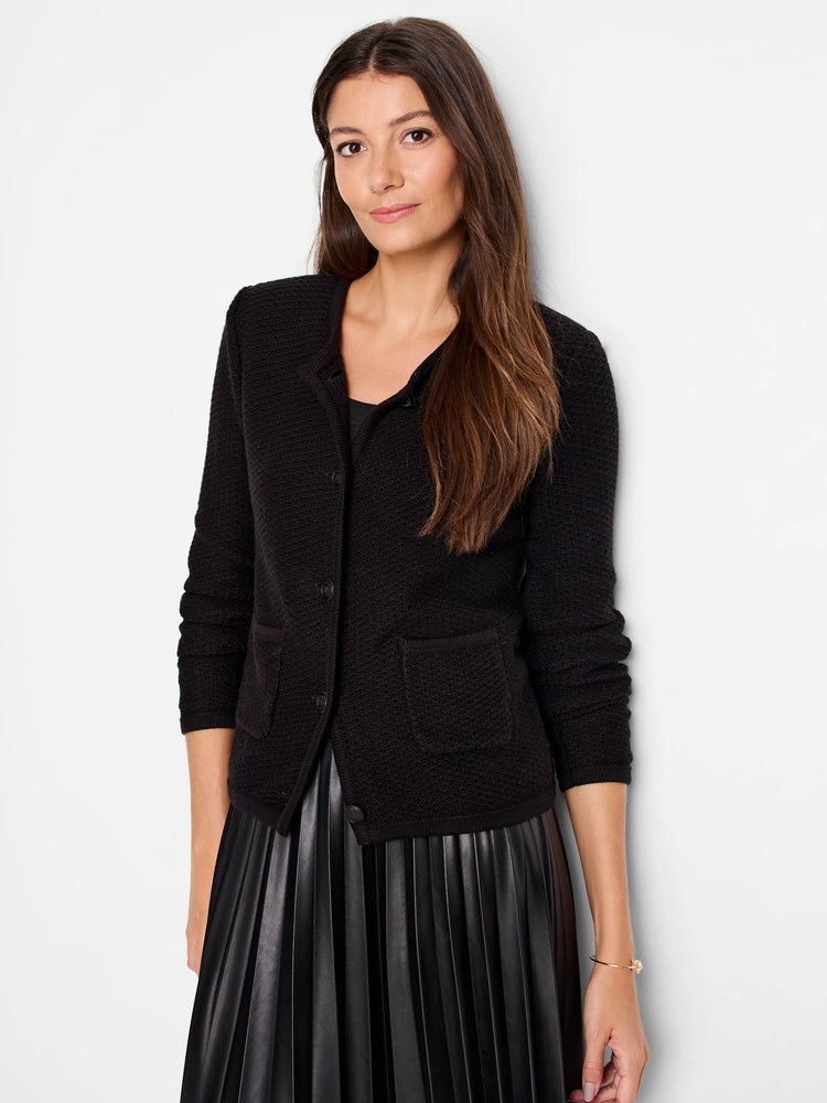 Black textured sweater jacket, button front, patch pockets.