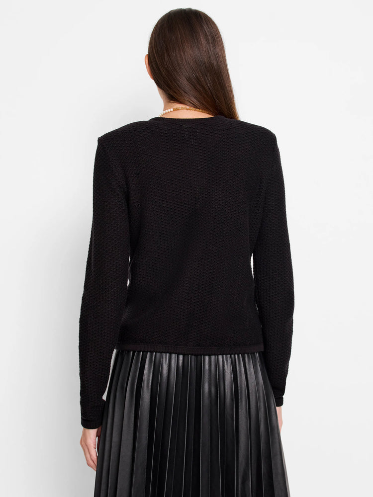 Black textured sweater jacket, long sleeves, close-knit fabric. Rear view.