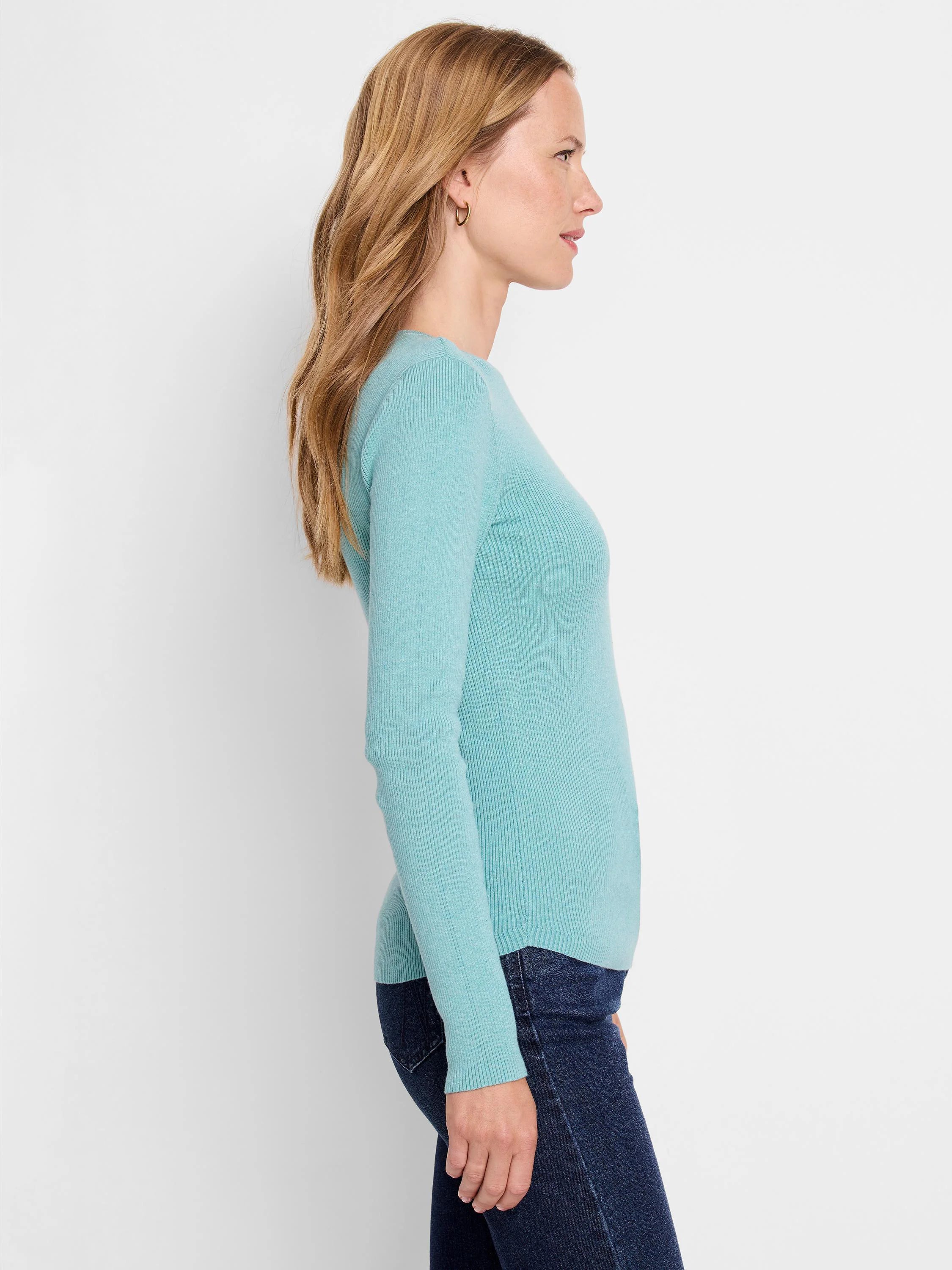 Pale teal ribbed long-sleeve tee. Close-fitting, crew neck.