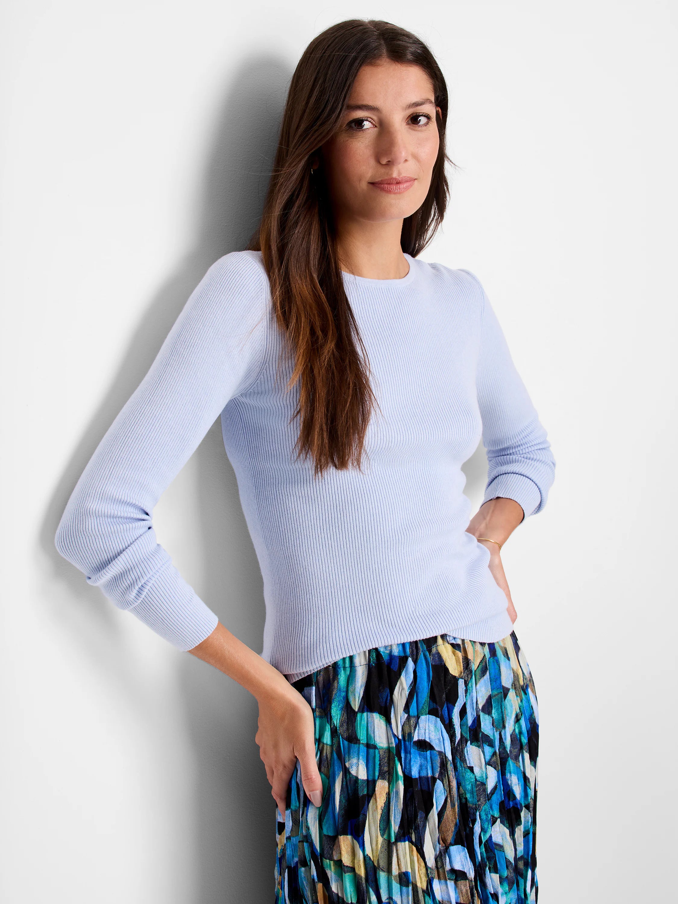 Light blue, ribbed, long-sleeved, crew neck sweater tee.