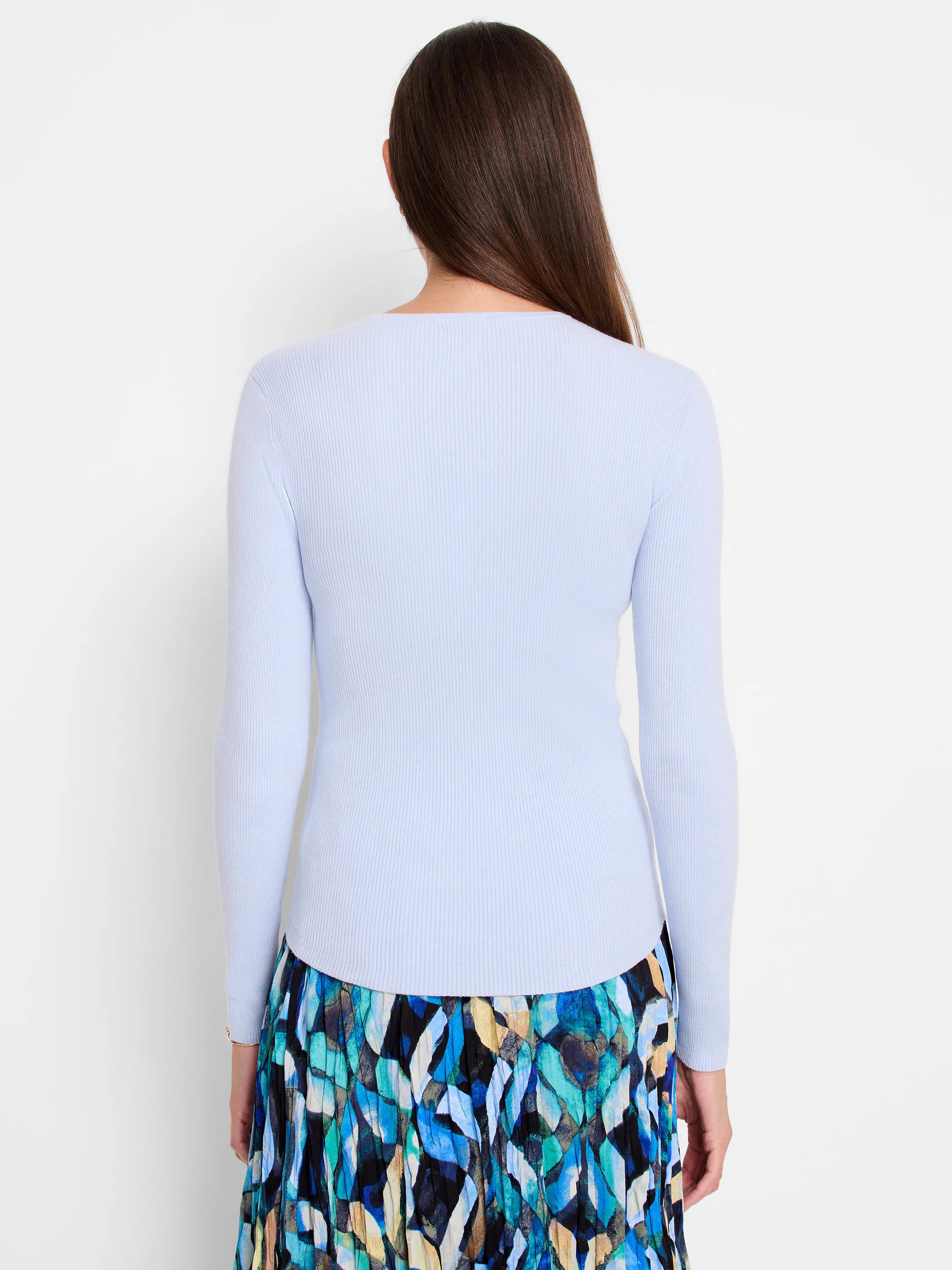 Light blue, ribbed, long-sleeved, fitted knit top.