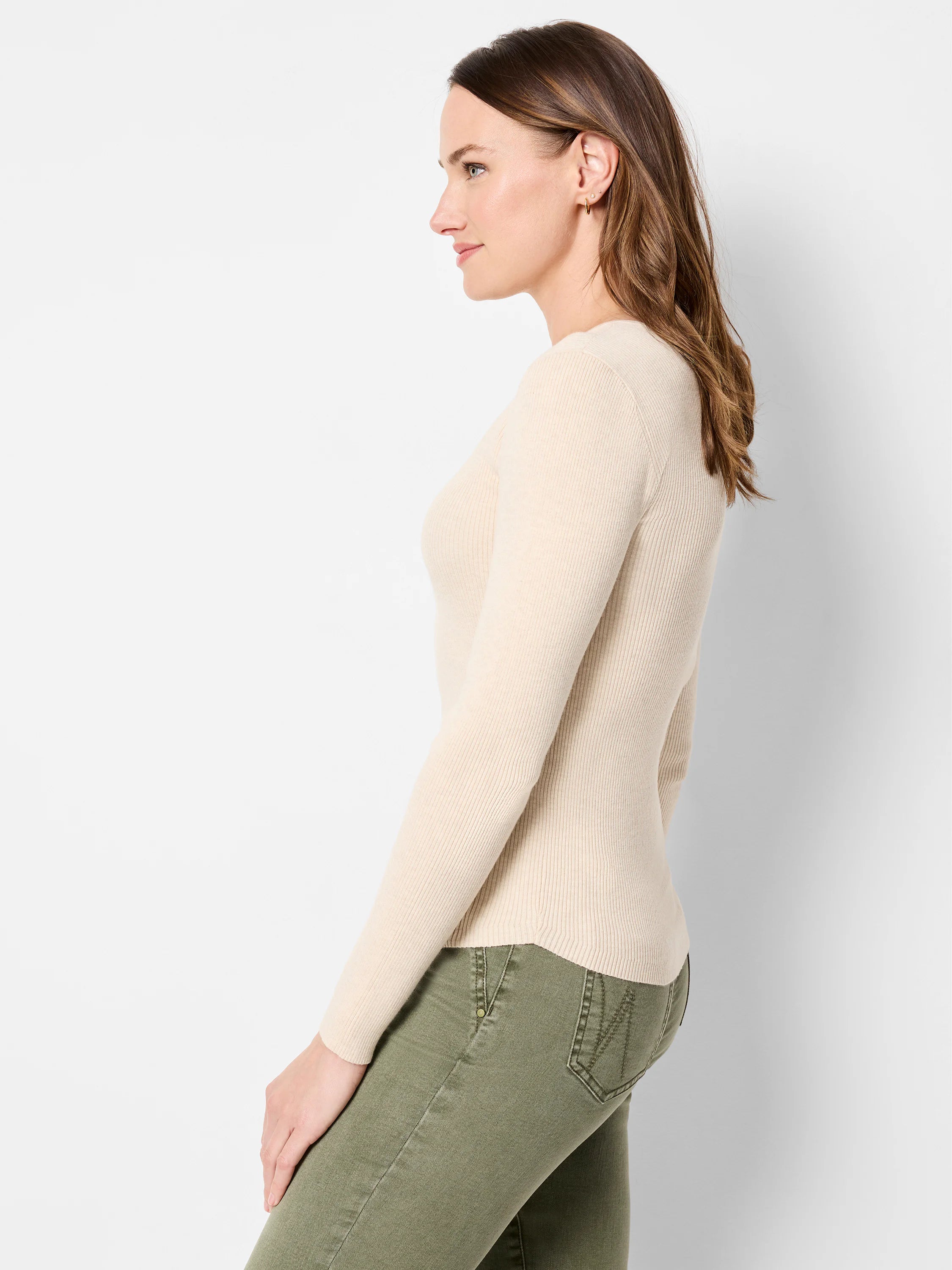 Beige ribbed, long-sleeved fitted sweater tee.