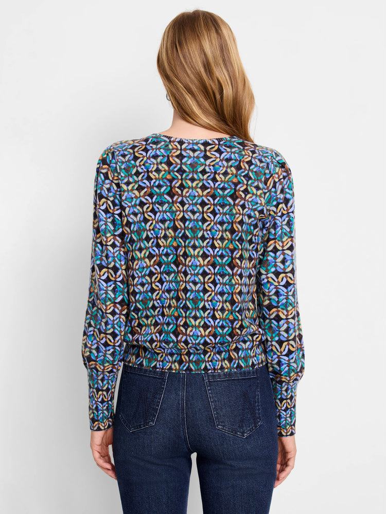 Long-sleeve sweater, black background with teal, purple, and beige abstract pattern. Ribbed cuffs and hem.