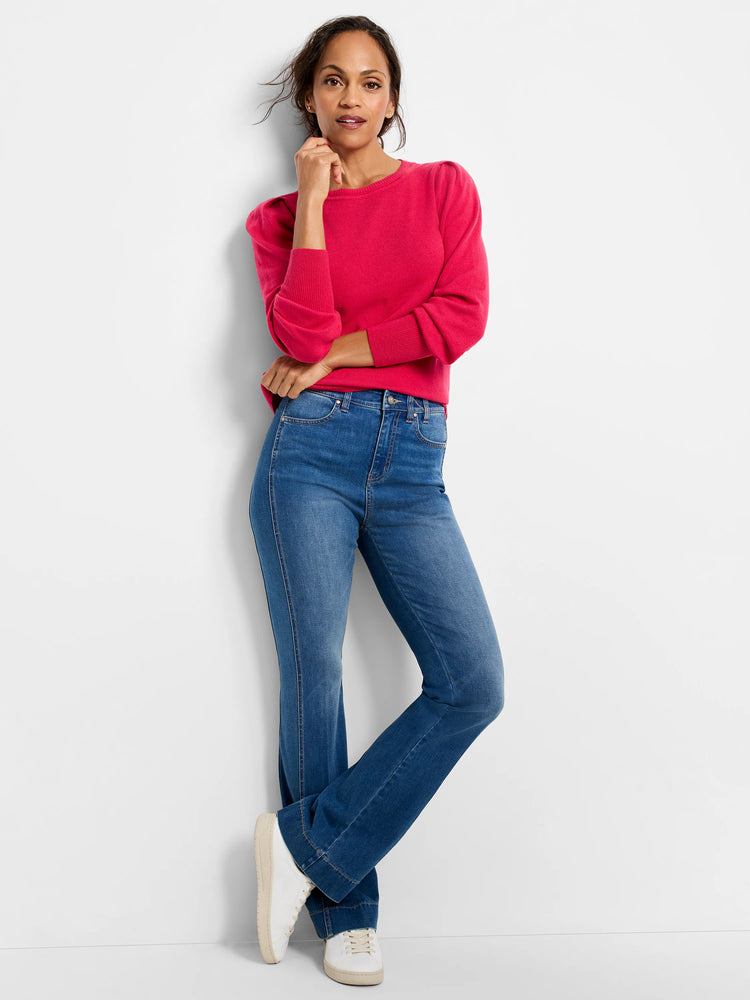 Bright pink crew neck sweater with gathered puff sleeves and ribbed cuffs.