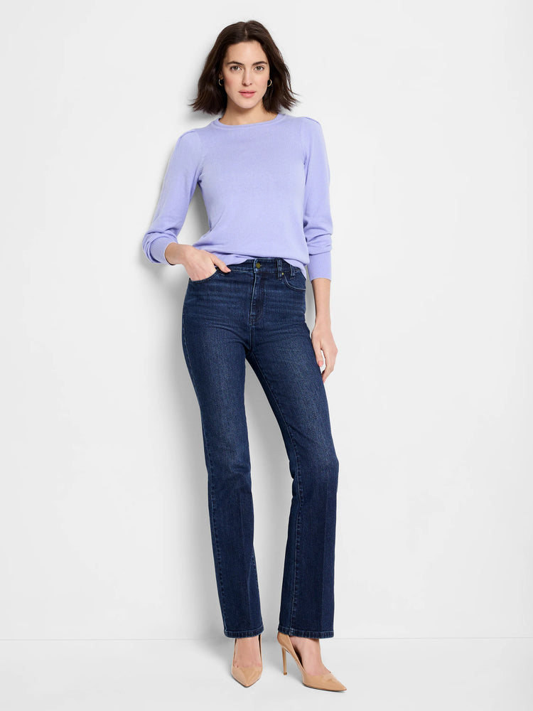 Lavender crewneck sweater with subtle puffed shoulders and long sleeves.