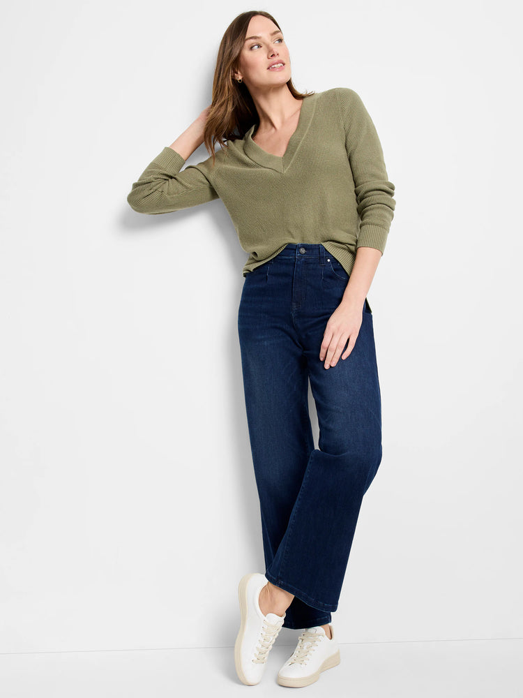 Olive green waffle stitch V-neck sweater with a relaxed fit.