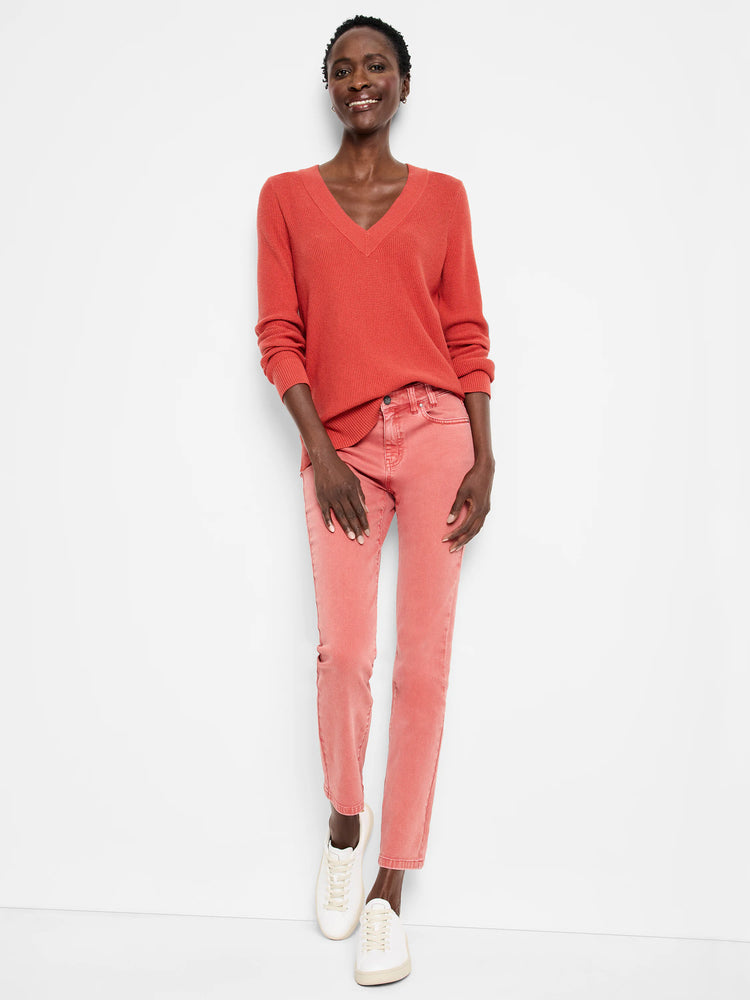 Terra cotta waffle stitch V-neck sweater. Relaxed fit, long sleeves.