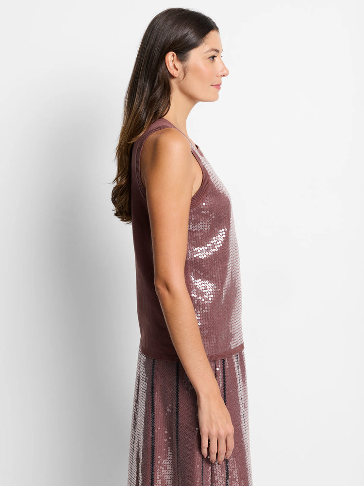 Mauve sleeveless knit tank; sequins in varying densities create a pattern.