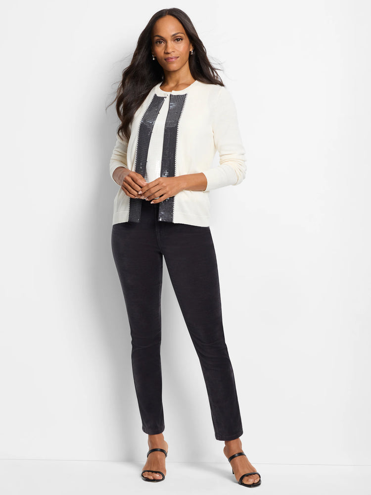 Off-white knit tank with vertical dark gray sequin detail down the center.