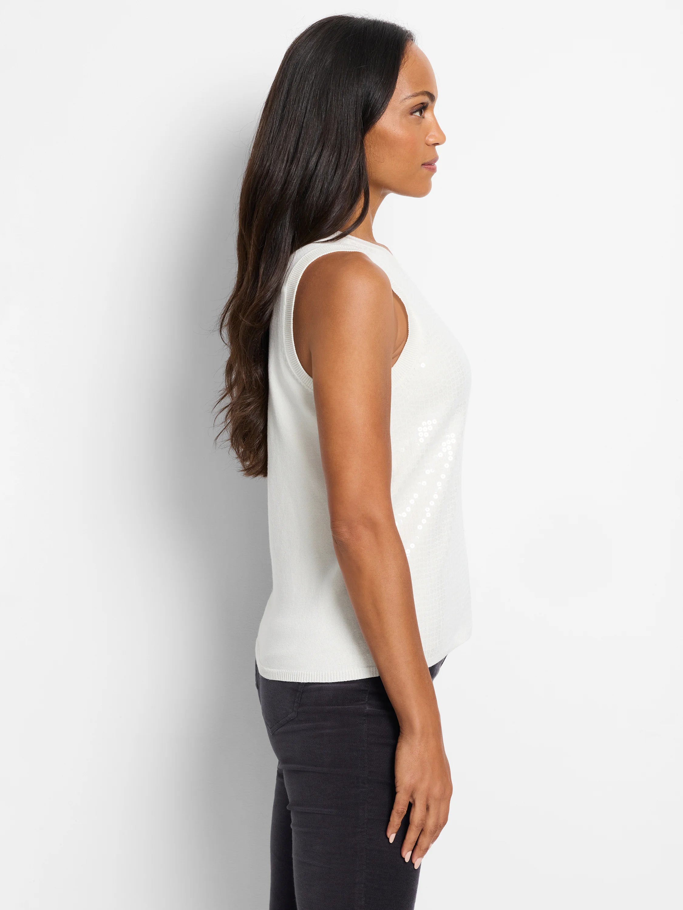 Off-white sleeveless knit tank with subtle, light-colored sequin detail.