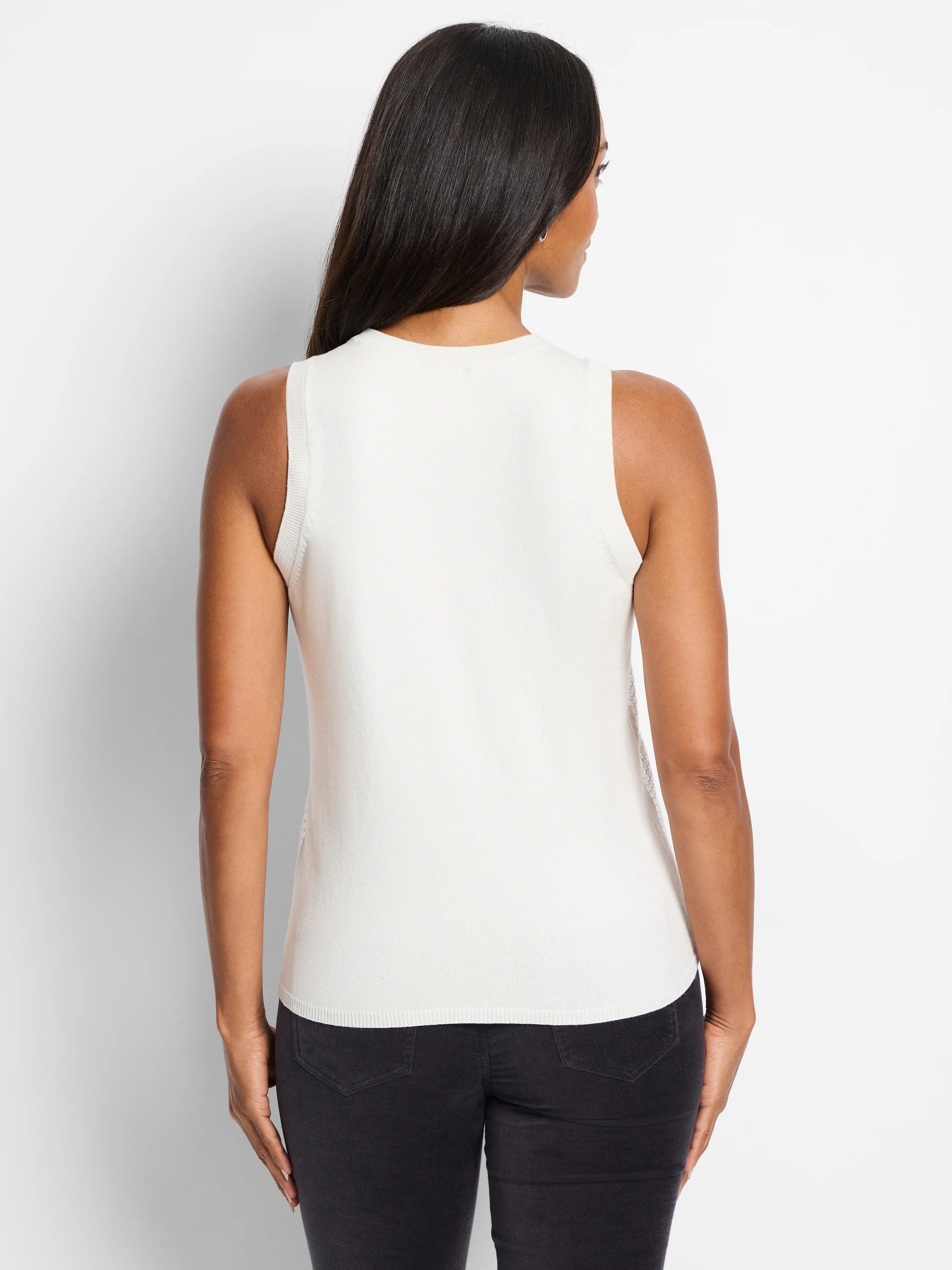 Off-white sleeveless knit tank. Back view.