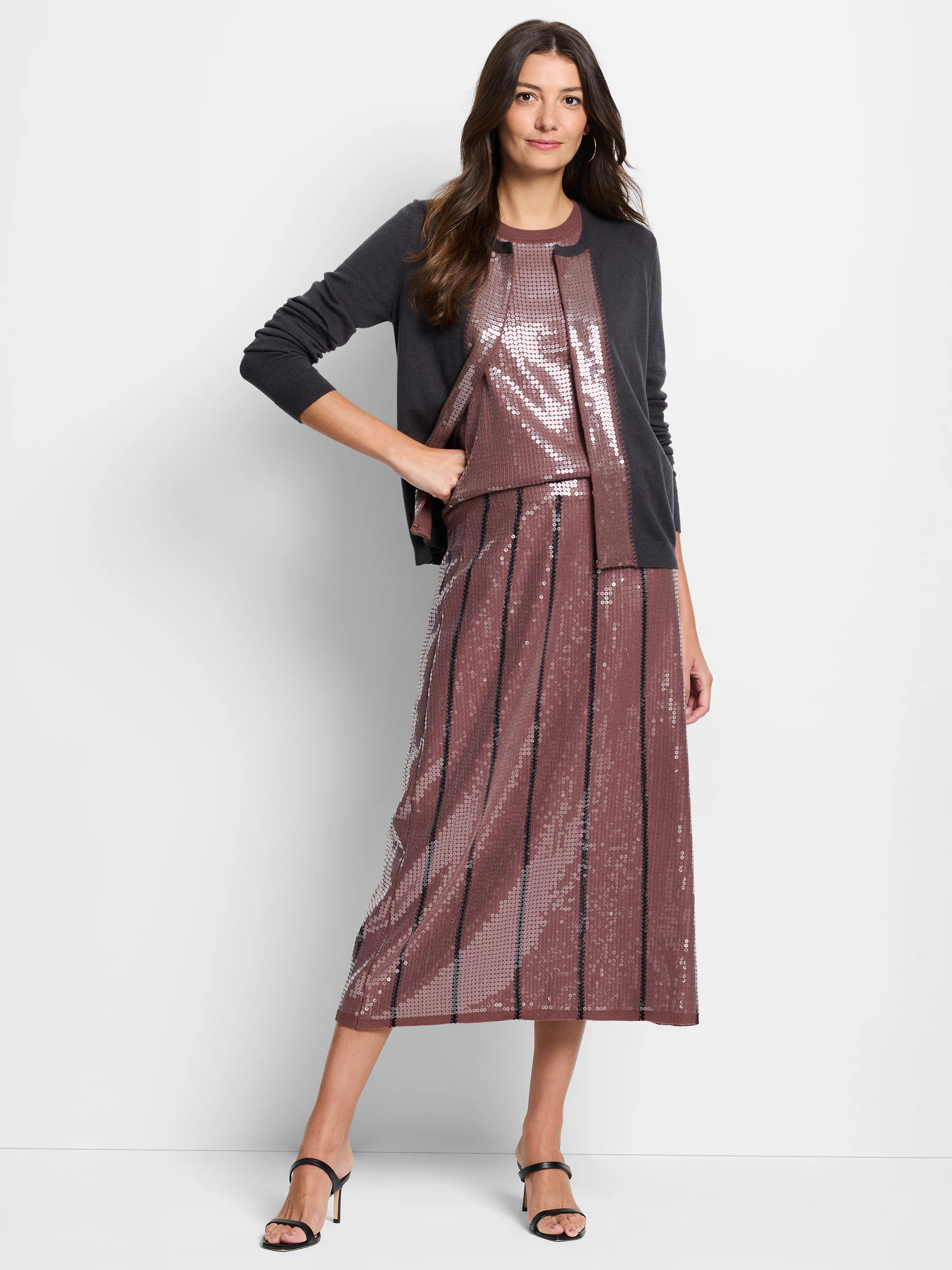 Dark gray cardigan with rose gold sequin trim along the front.