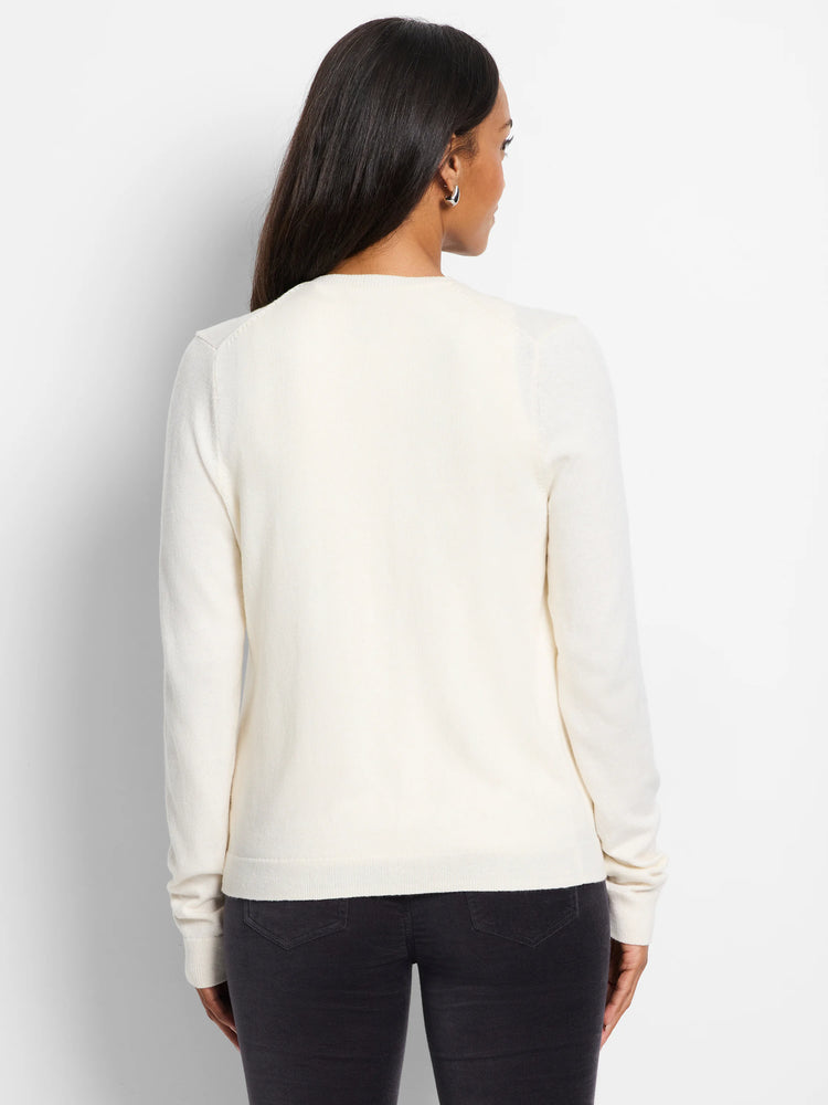Cream, fine-knit long-sleeved cardigan shown from the back.