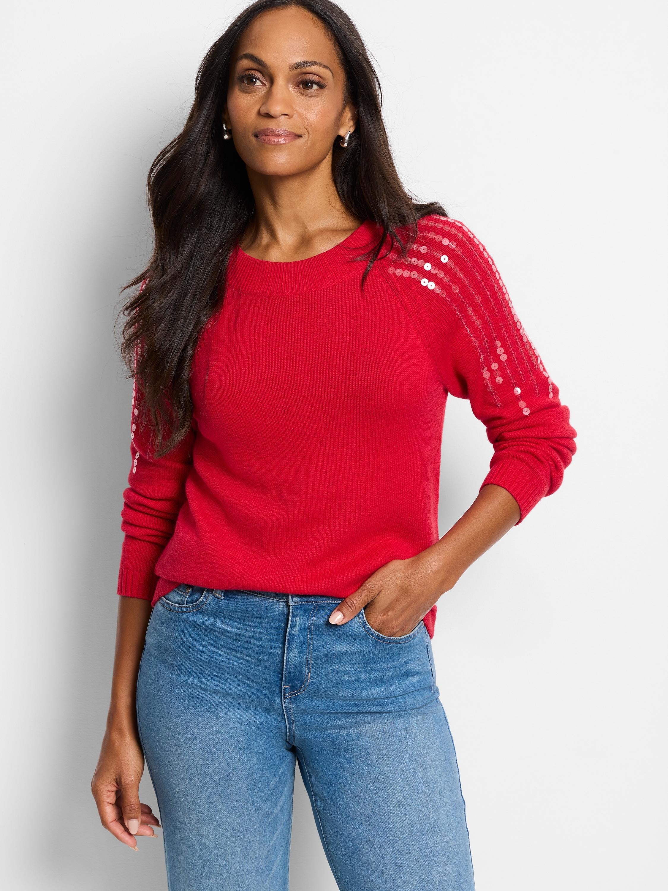 Red sweater with light pink sequins on shoulders. Long sleeves, crew neck.
