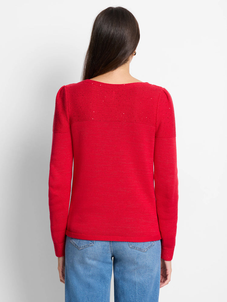 Red knit sweater with sequin detailing across the shoulders and cuffs. Long sleeves, round neckline.