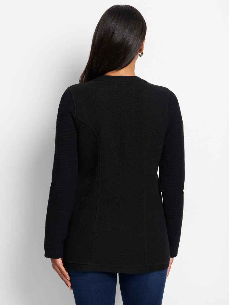 Black knit jacket, buttoned up, textured weave. Long sleeves. Shown from the back.