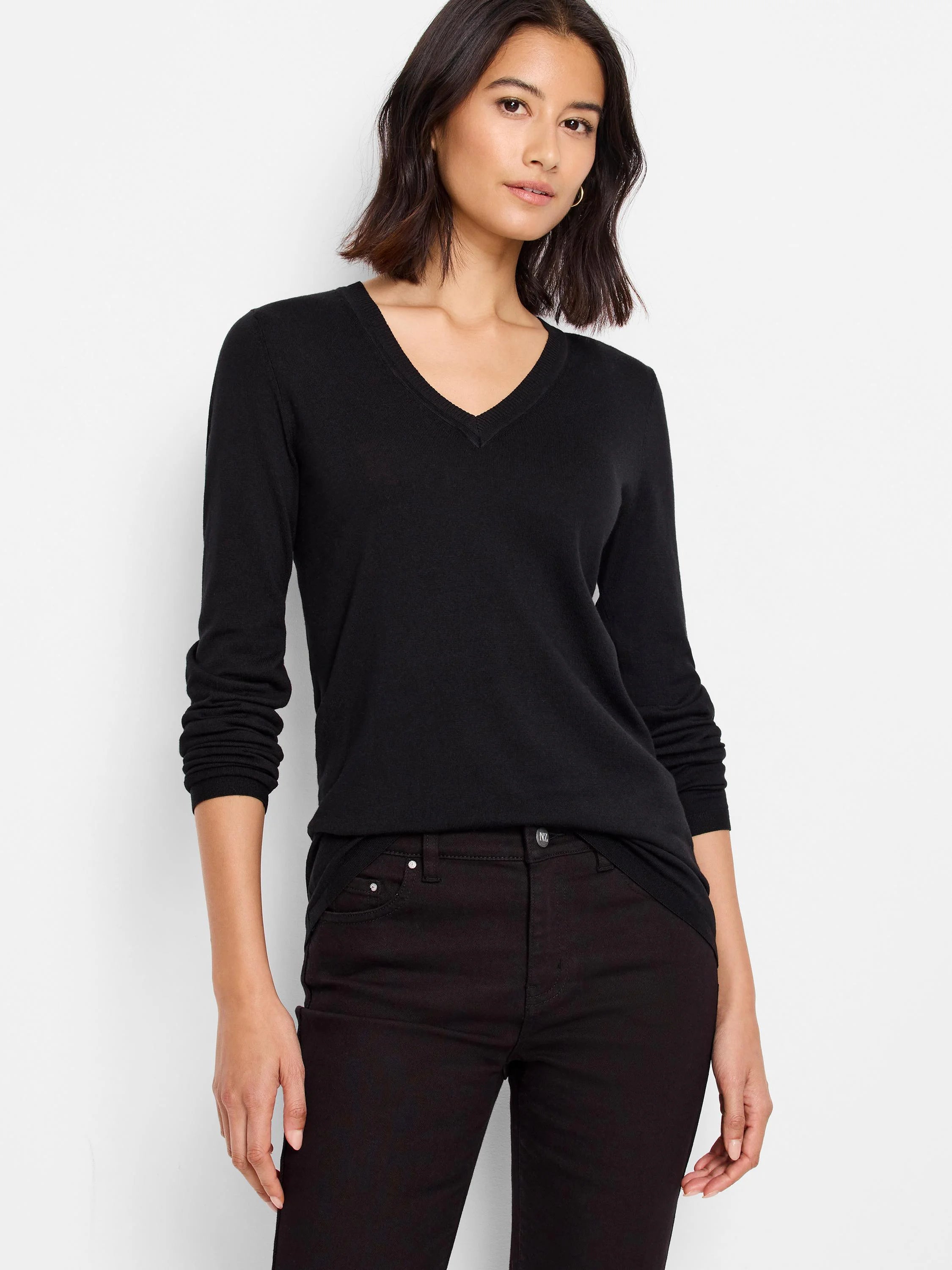 Black V-neck sweater tee with long sleeves.