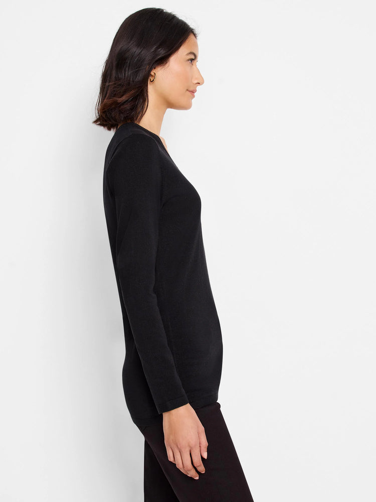 Black V-neck sweater tee with long sleeves. Side profile shown.