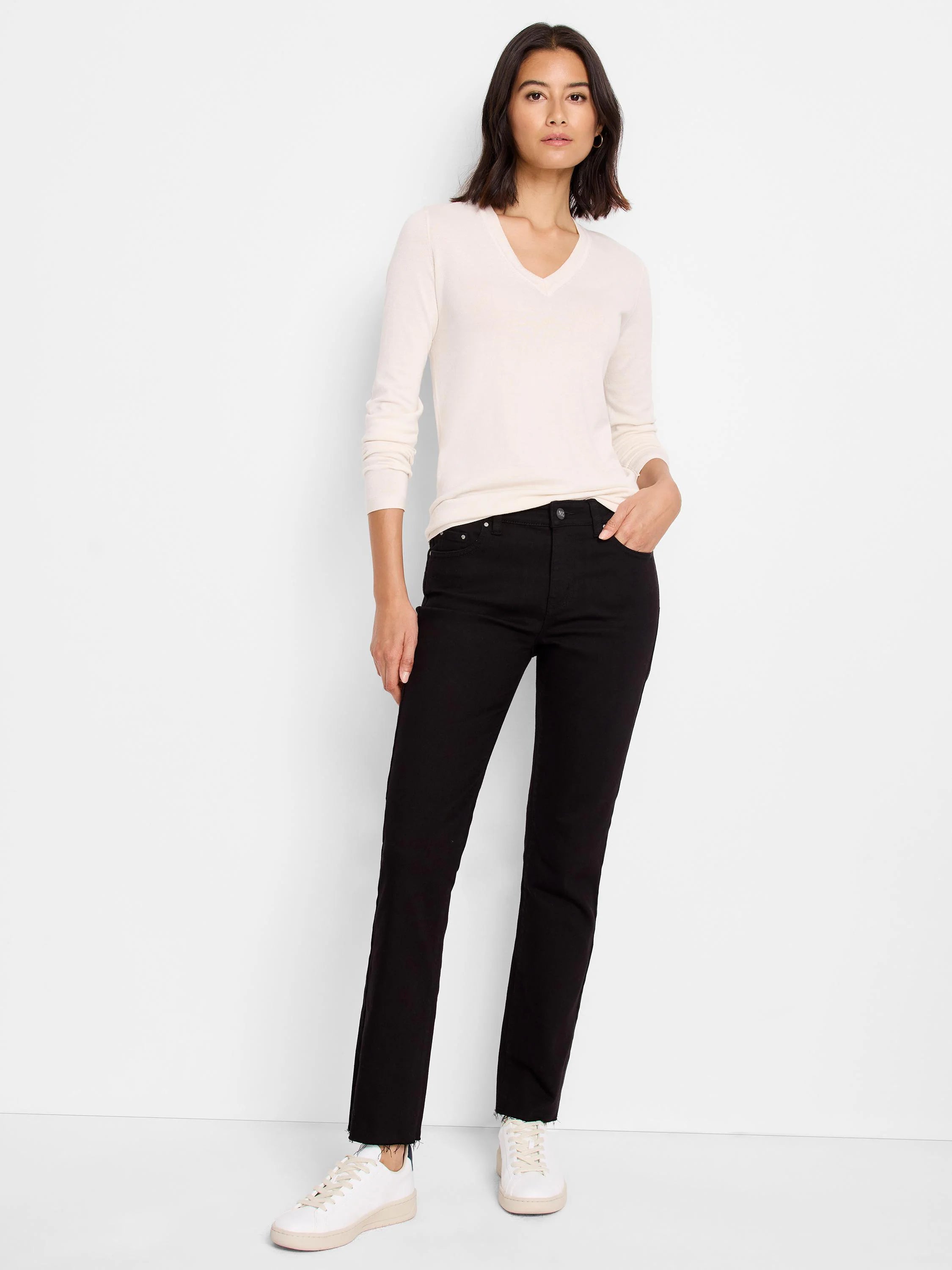 Off-white V-neck, long-sleeve sweater tee.