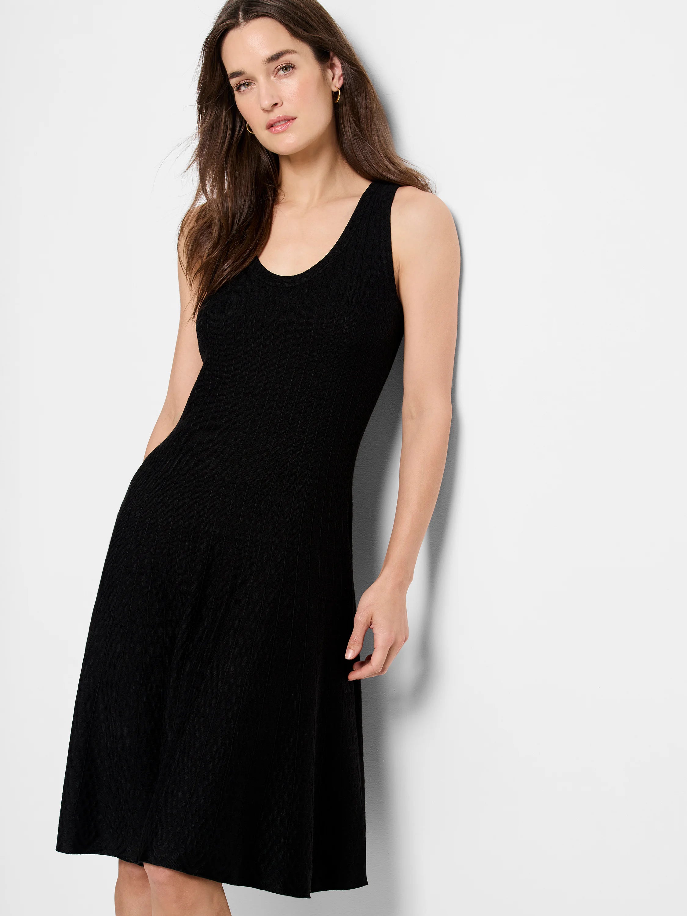Black ribbed knit sleeveless A-line dress. Mid-length.