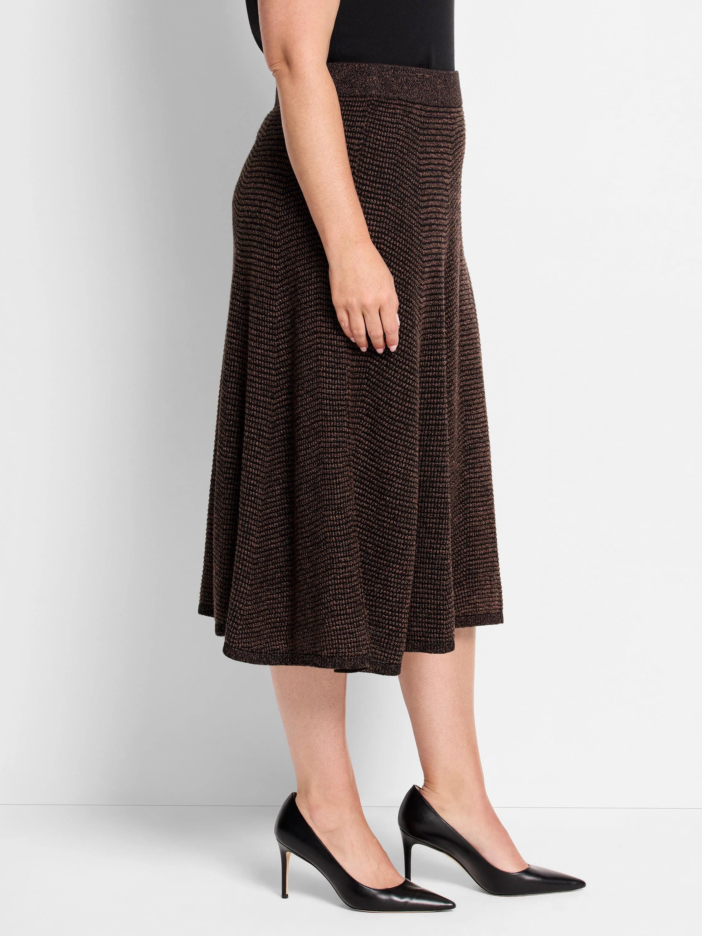 Dark brown A-line midi skirt with a pixel knit texture, featuring subtle lighter brown chevron patterns.
