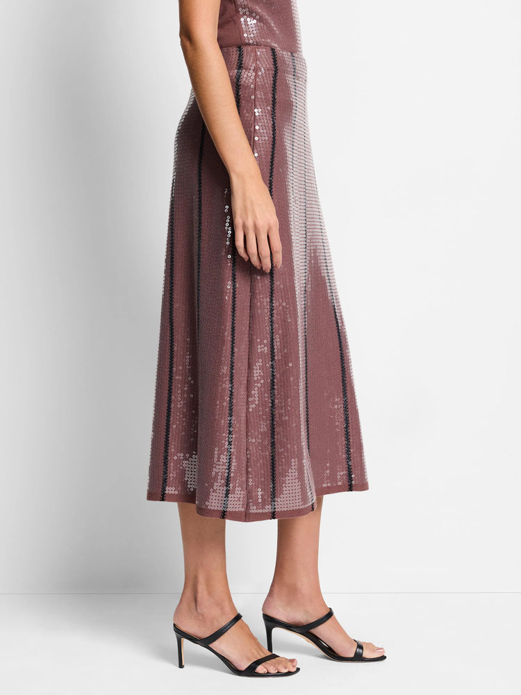 Mauve sequin midi skirt with thin black stripes. Sequins are iridescent.