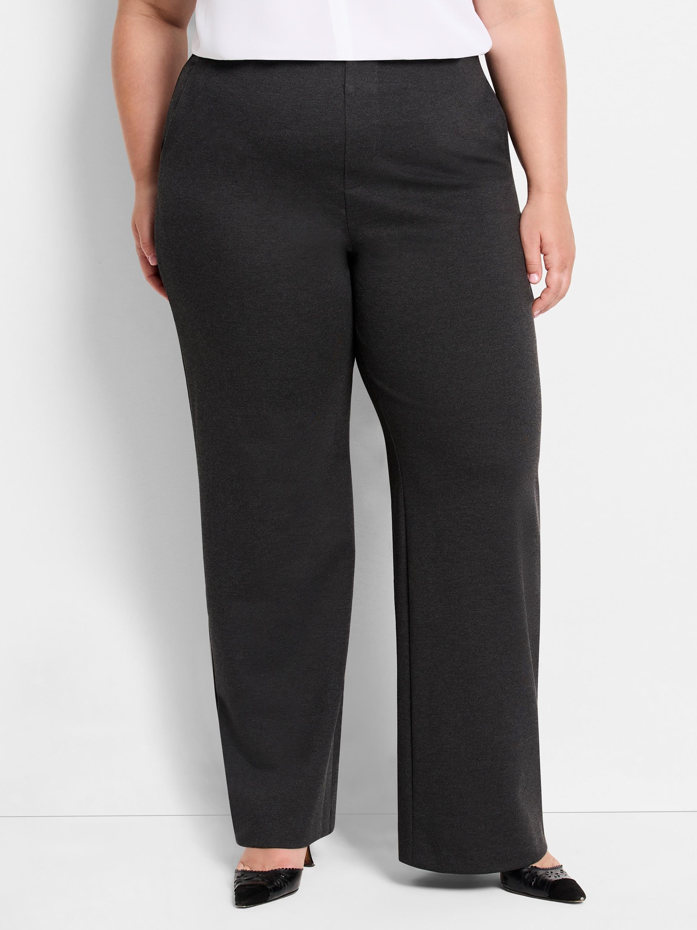 Dark gray wide-leg knit pants; pull-on style.