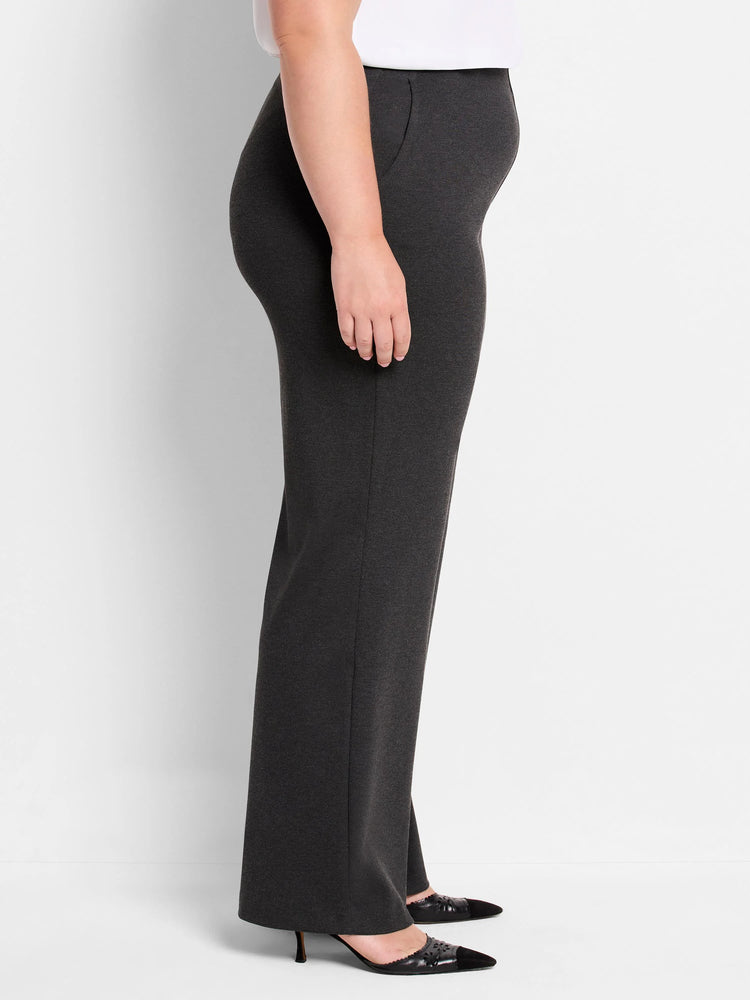 Dark gray wide-leg knit pants shown on a model. The pants are straight-legged and appear to have a high waist.