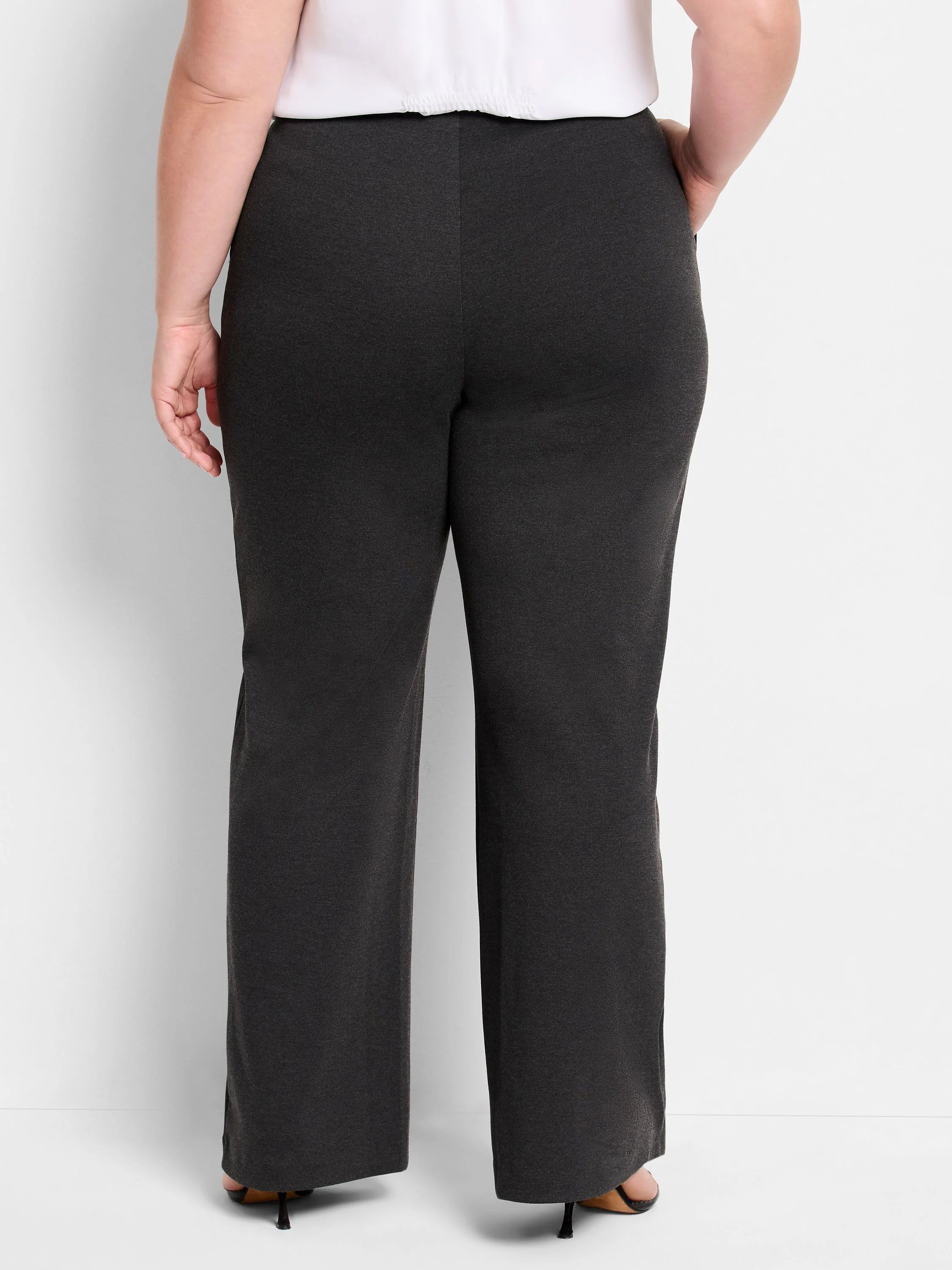 Dark gray wide-leg knit pants; back view. Elastic waistband.