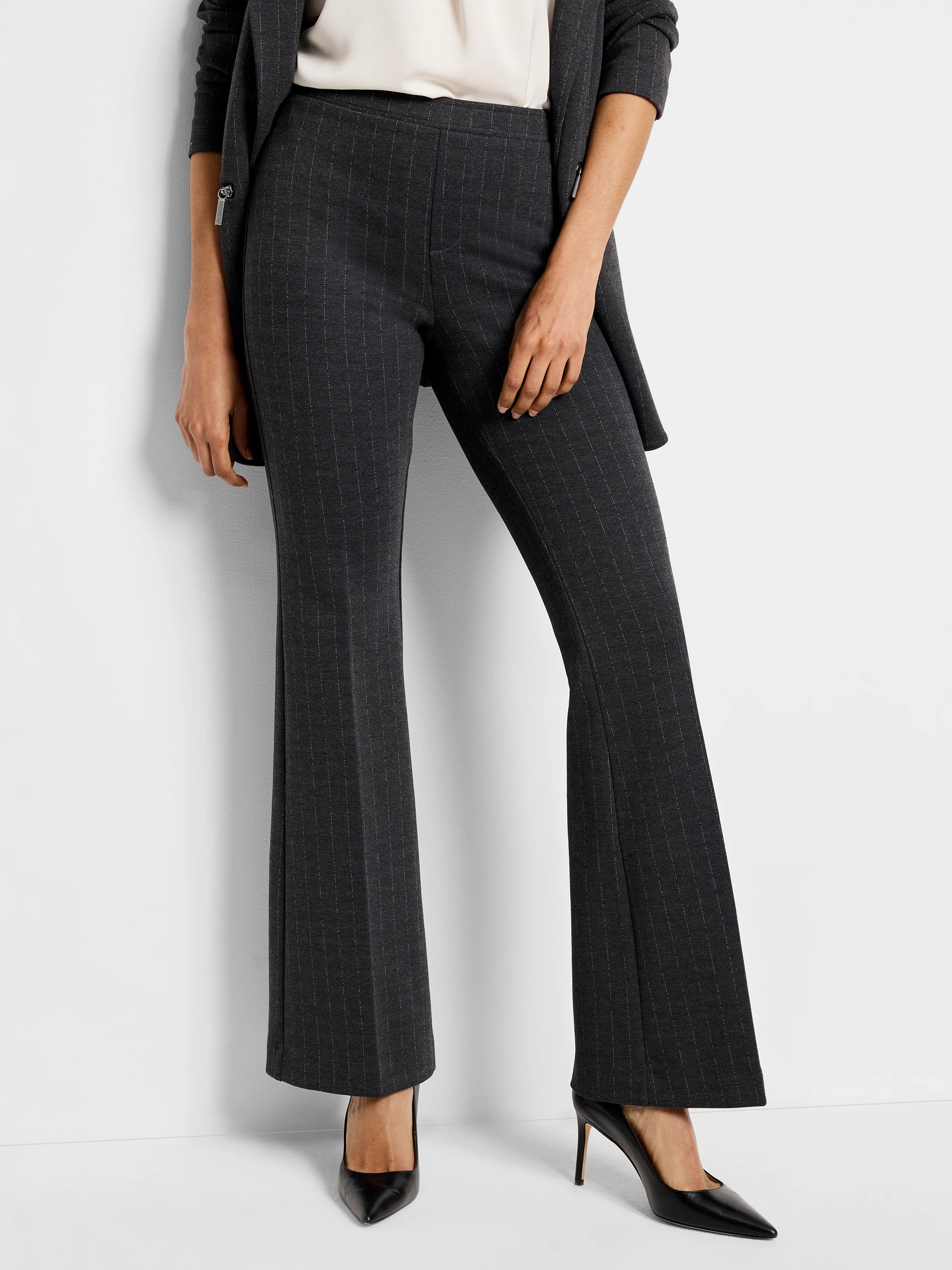 Dark gray bootcut pants with thin, lighter gray pinstripes. A pull-on style.