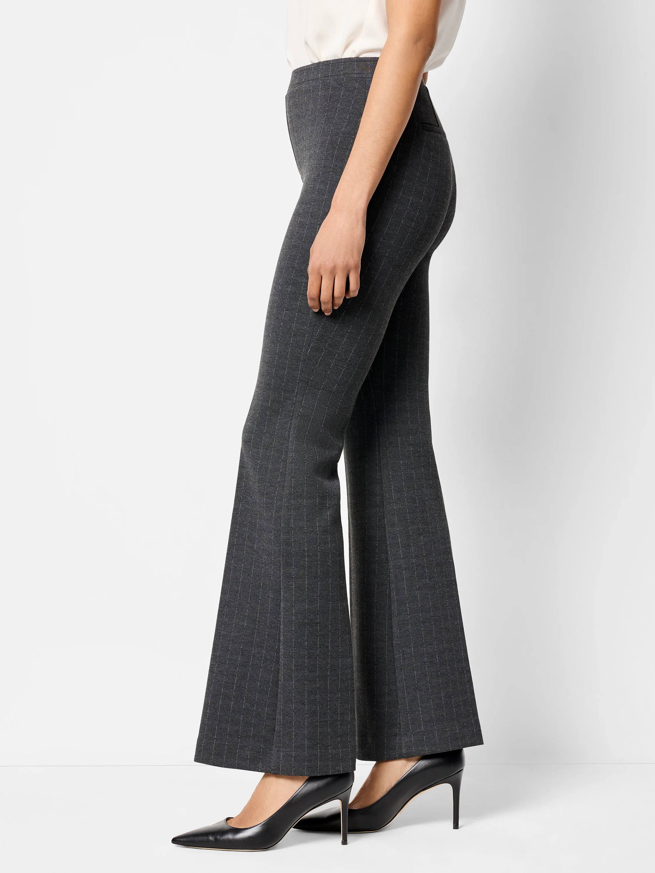 Dark gray bootcut pants with thin, lighter gray pinstripes. The pants have a mid-rise waist.