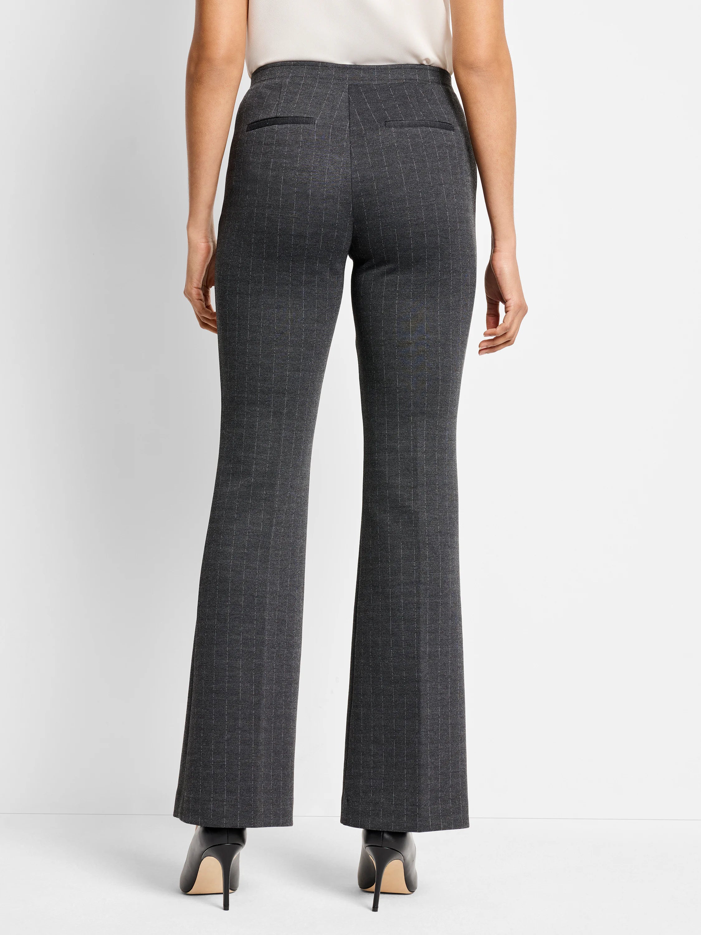 Dark gray bootcut pants with thin, lighter gray pinstripes. Back view shows pockets.