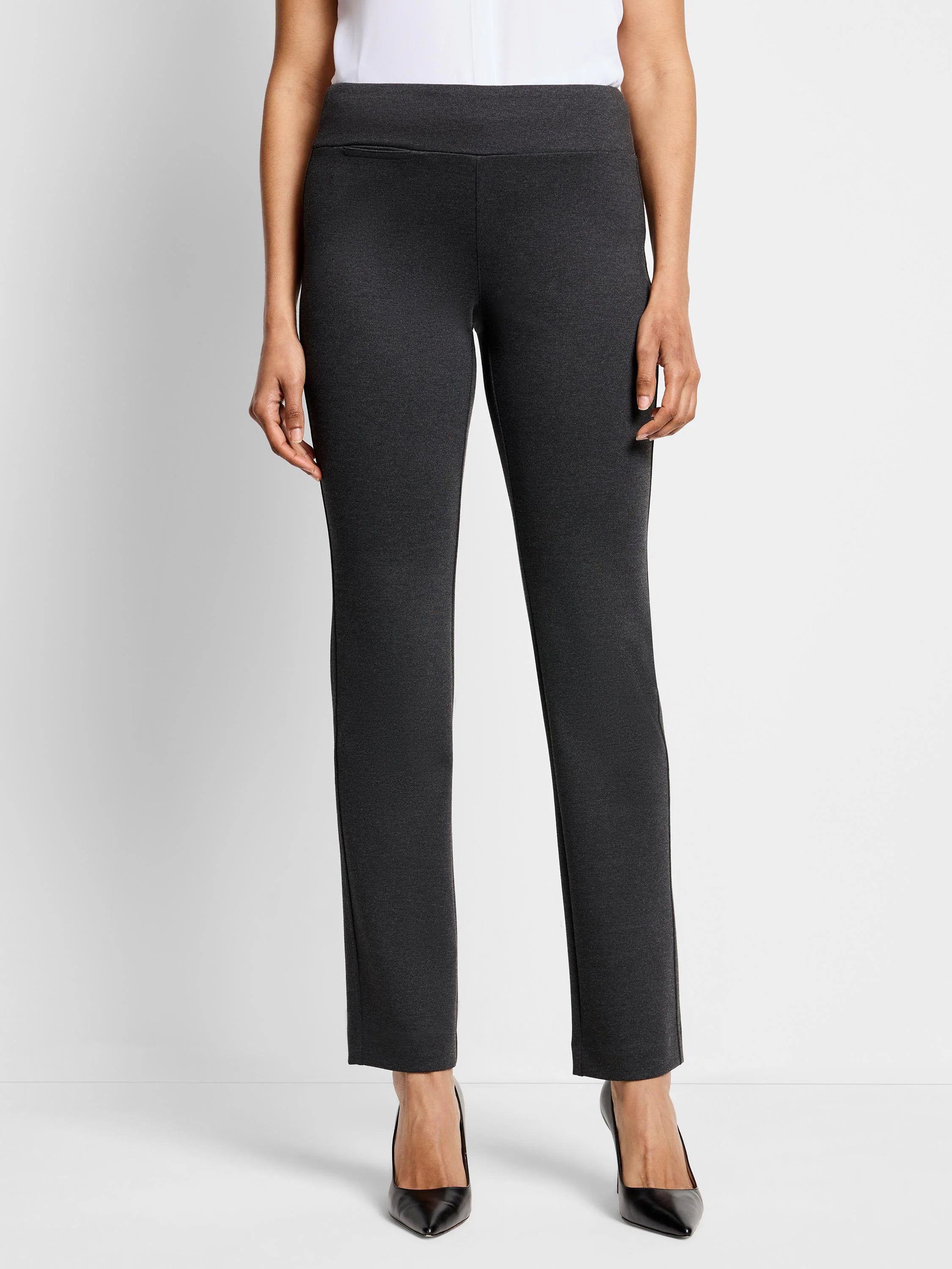 Dark gray knit pull-on pants with a wide waistband, small hip pocket, and slim-straight ankle-length legs.