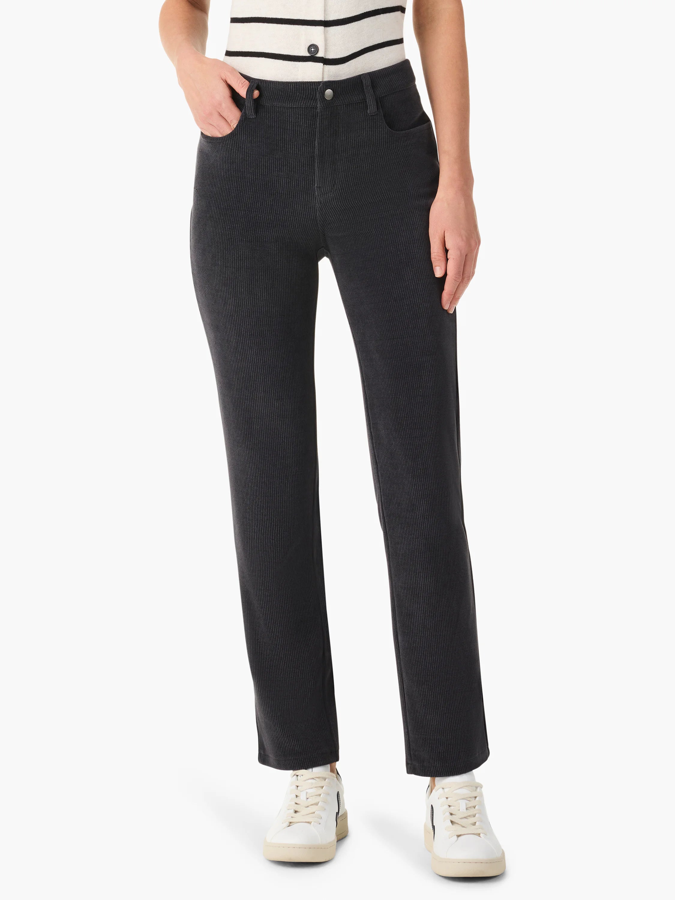 Dark gray ribbed corduroy pants, straight leg, ankle length.