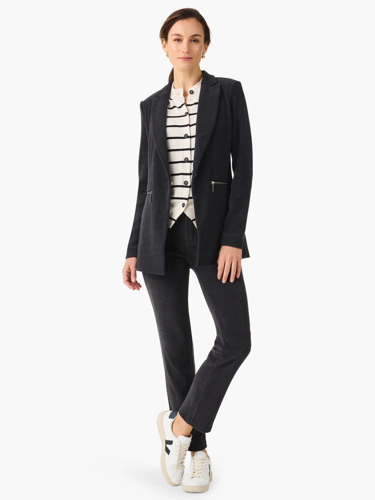 Dark gray corduroy pants; straight leg, ankle length. Mid rise.