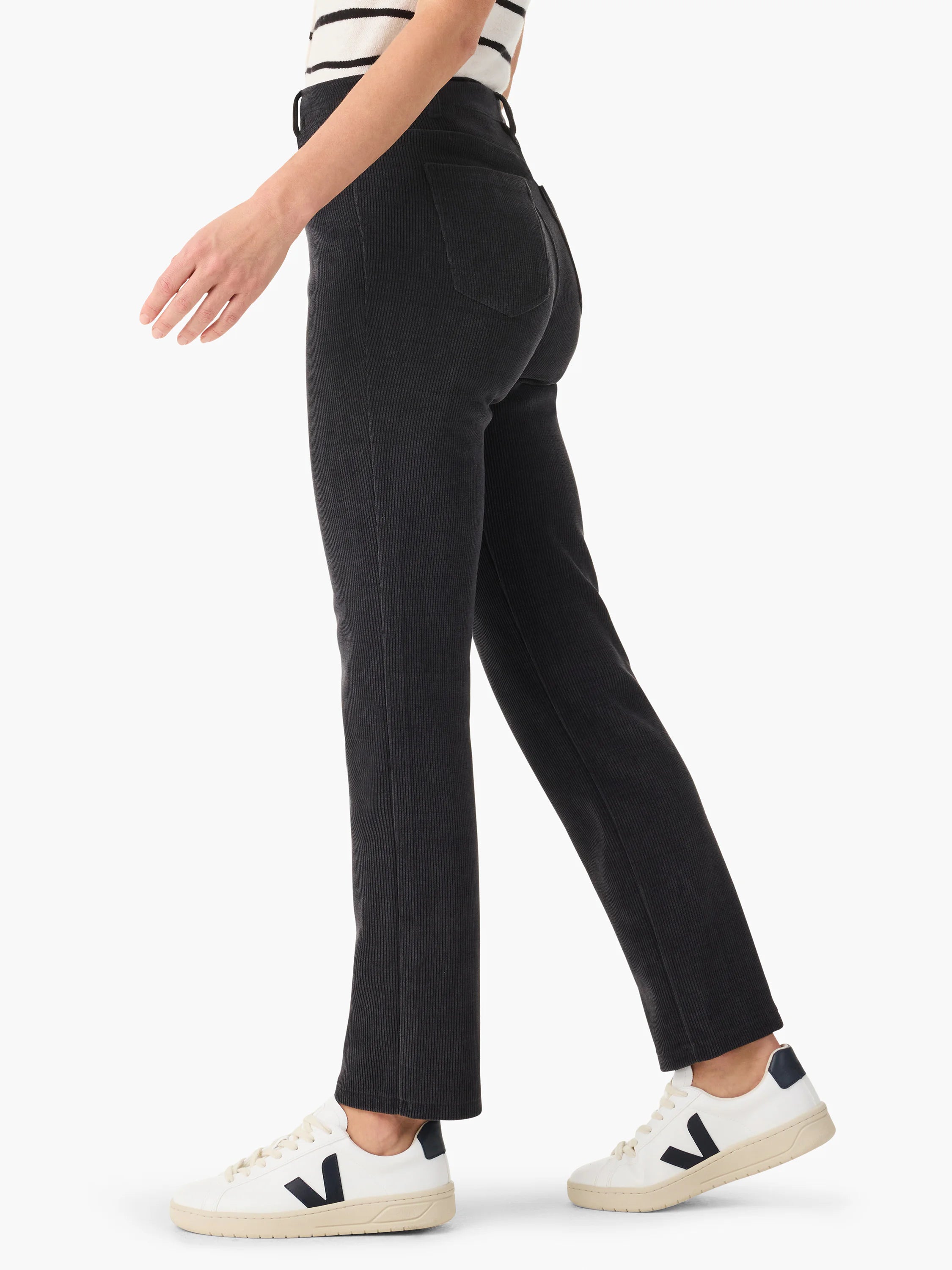 Dark gray corduroy pants; straight leg, ankle length. Mid-rise.