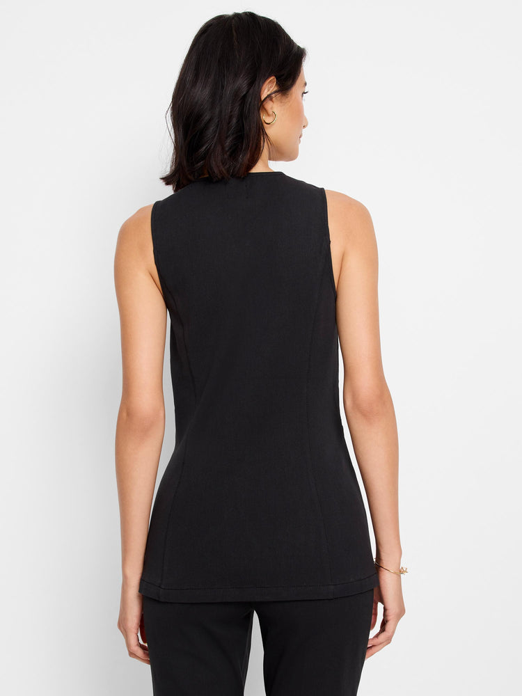 Black sleeveless vest; slightly longer in back than front. Hem is uneven, longer at sides.