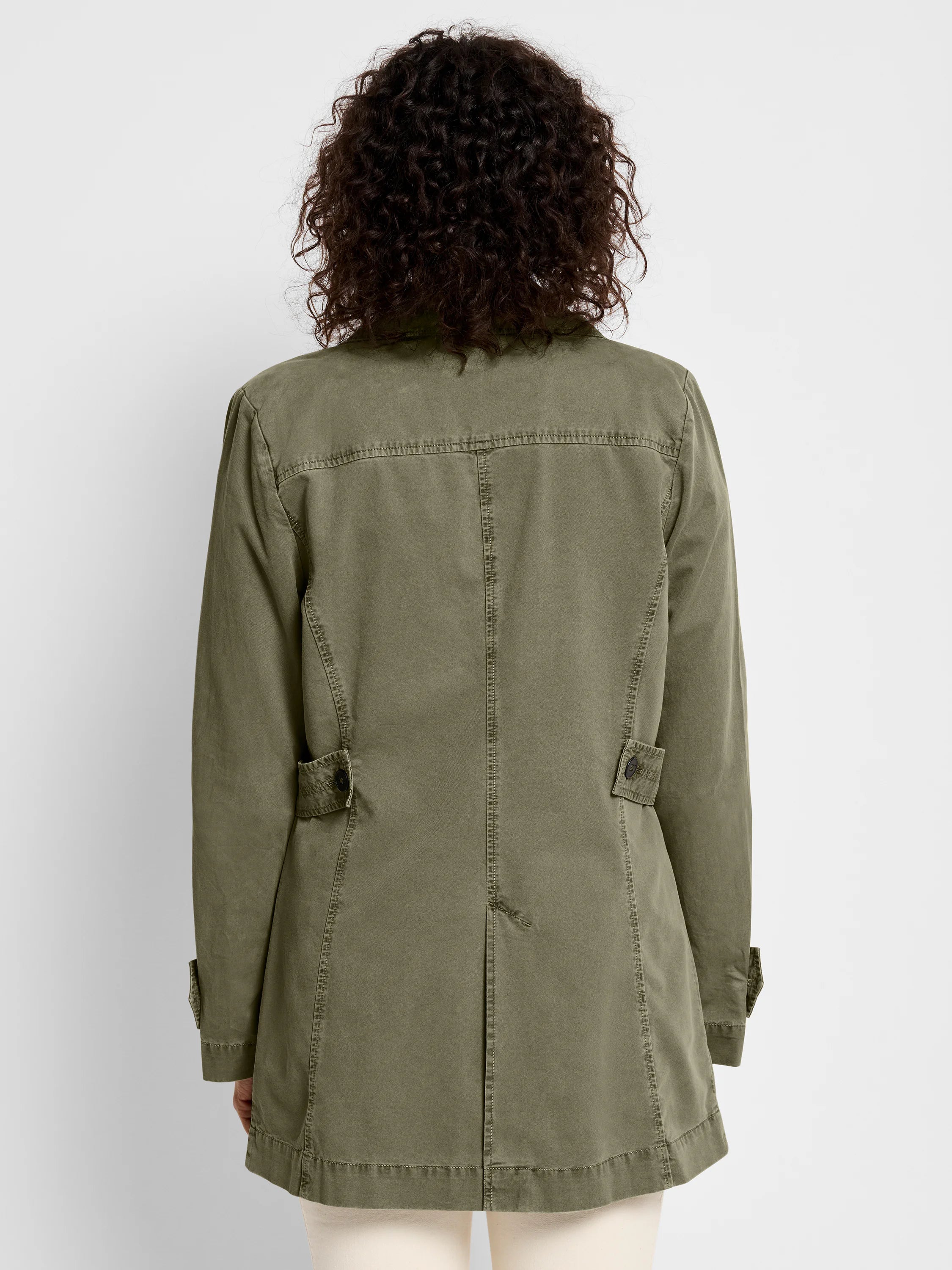 Olive green peacoat, long sleeves, buttoned cuffs, and a straight hem. Rear view.
